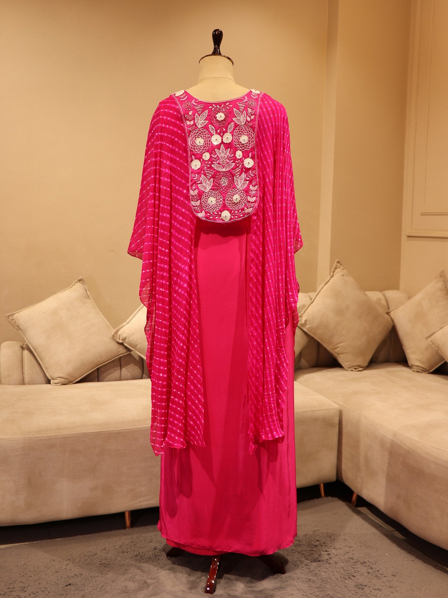 Fusia pink bandhej cape top with skirt