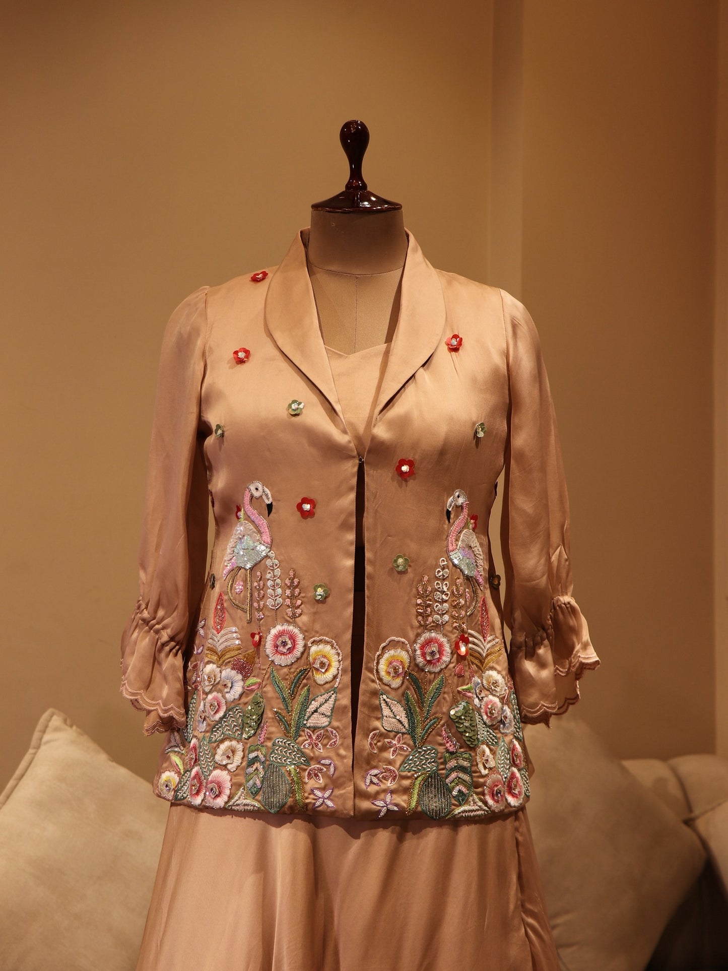 Peach flamingo peplum top with skirt