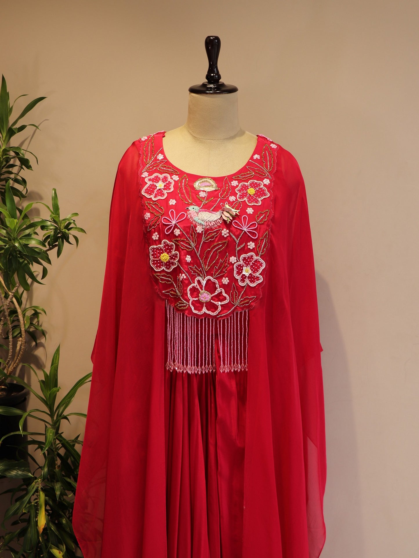 Tomato red cape top skirt set