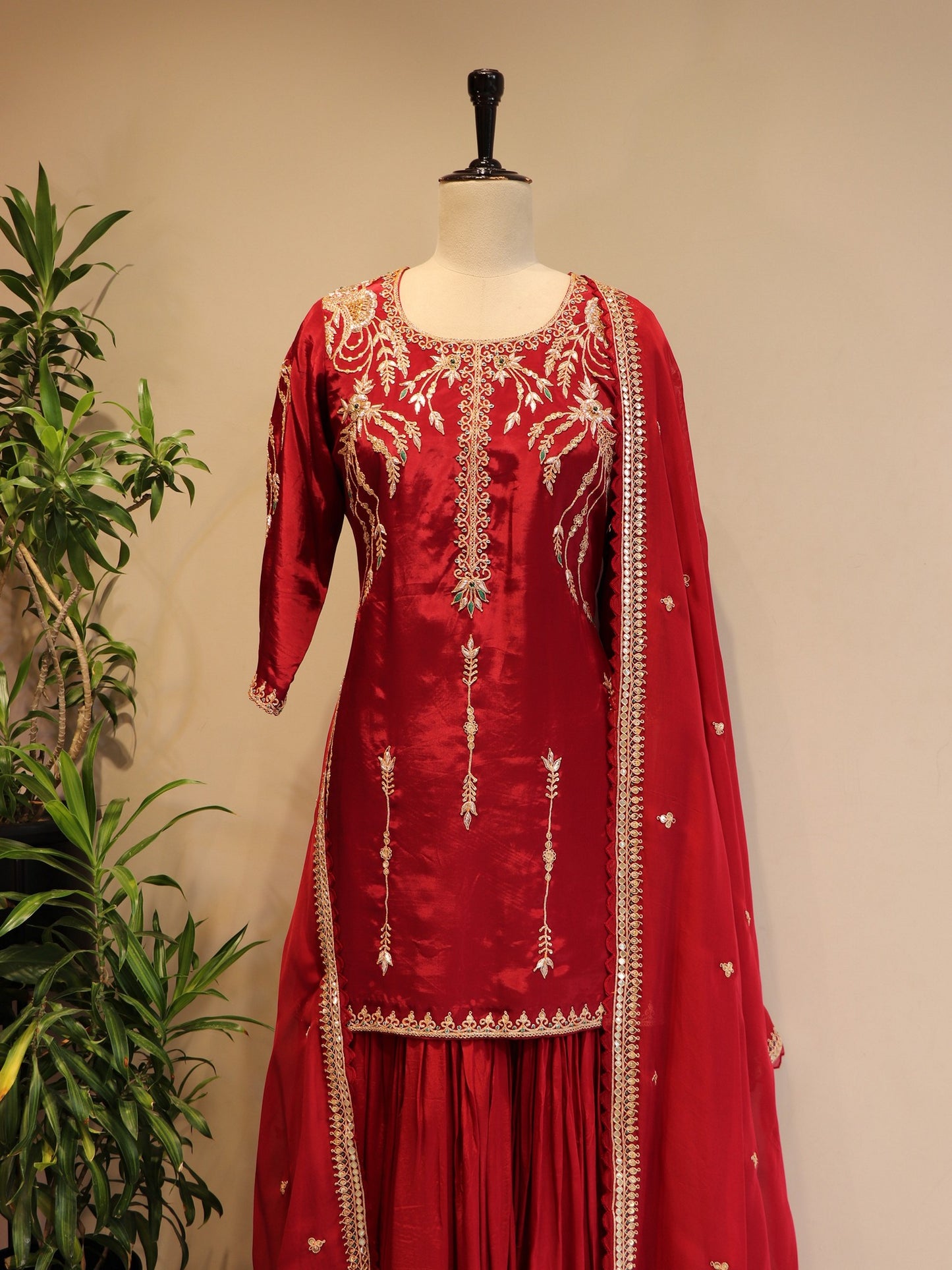 Deep maroon zardosi kurta sharara with dupatta