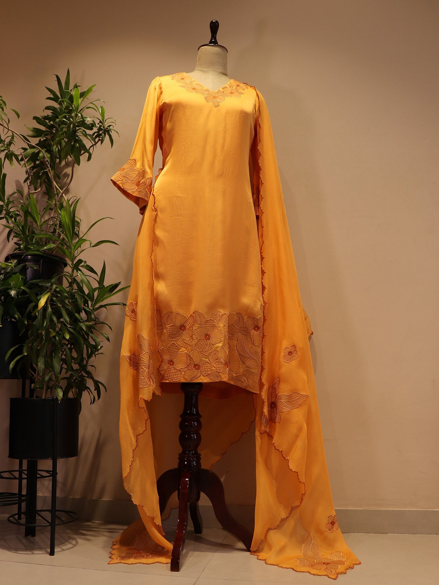 Orange applique kurta pants with dupatta