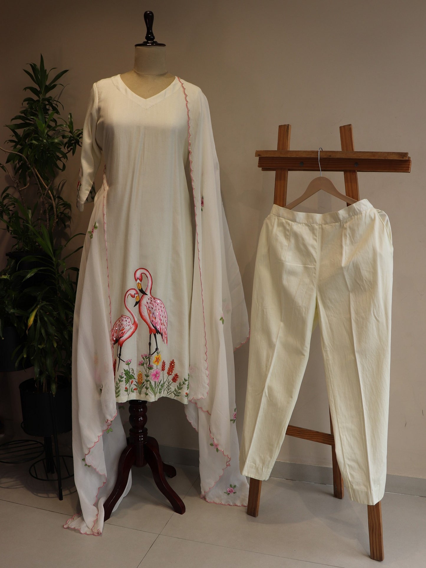 off white flamingo hand painted kurta pants with dupatta .
