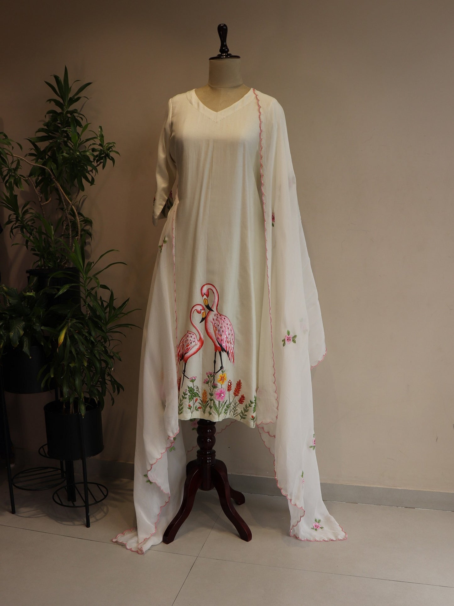 off white flamingo hand painted kurta pants with dupatta .