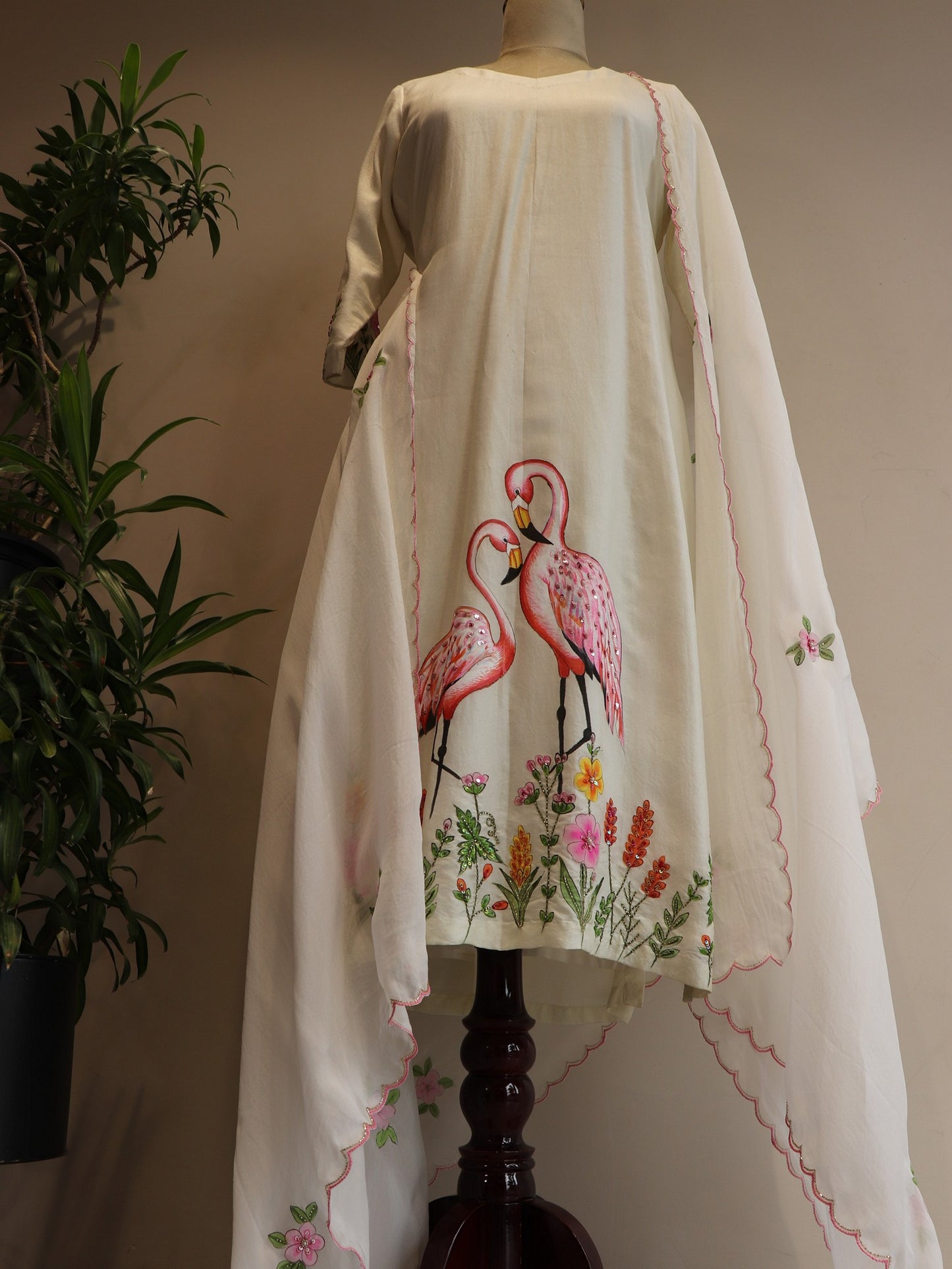 off white flamingo hand painted kurta pants with dupatta .