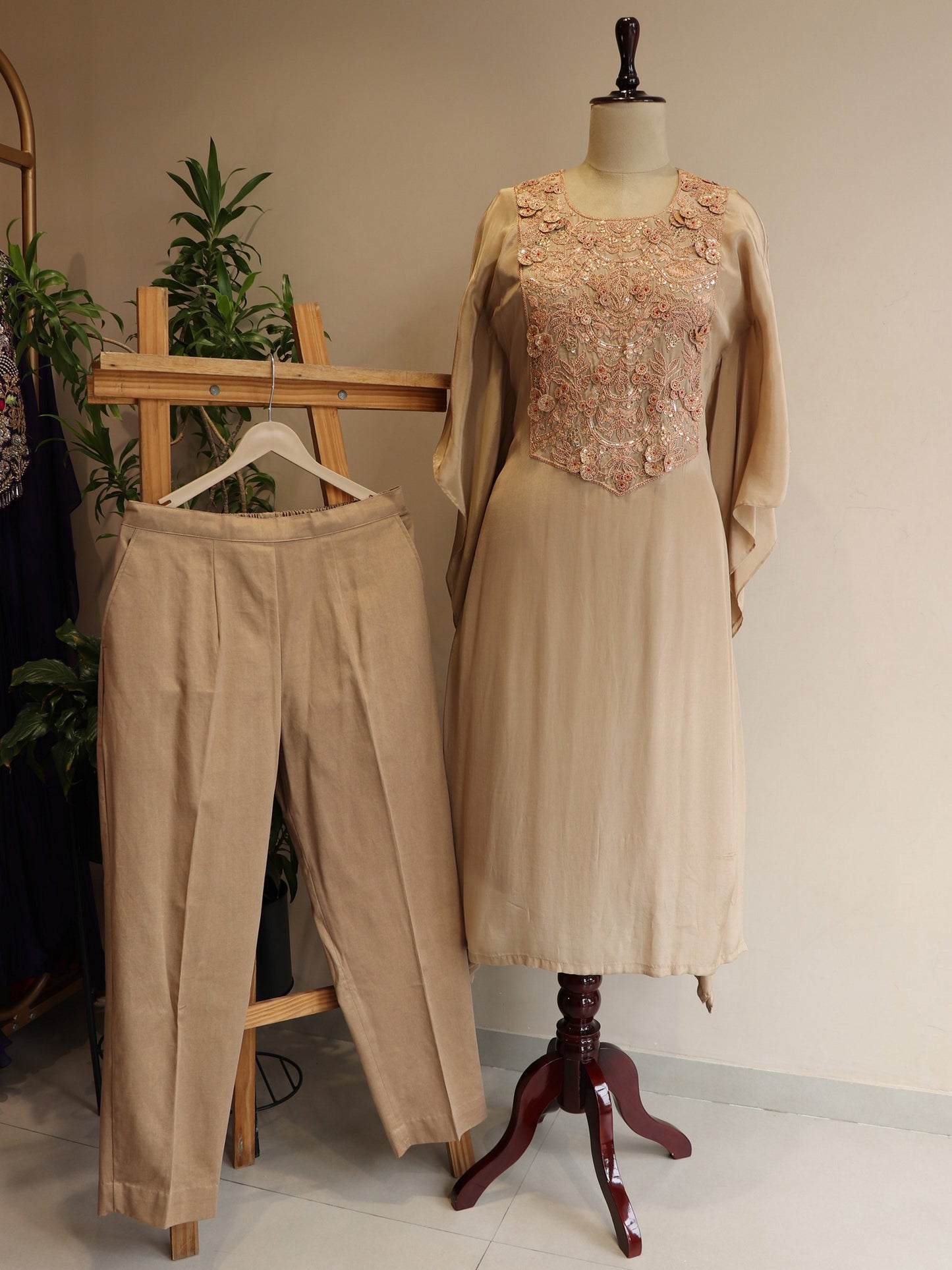Beige zardosi kaftan with pants