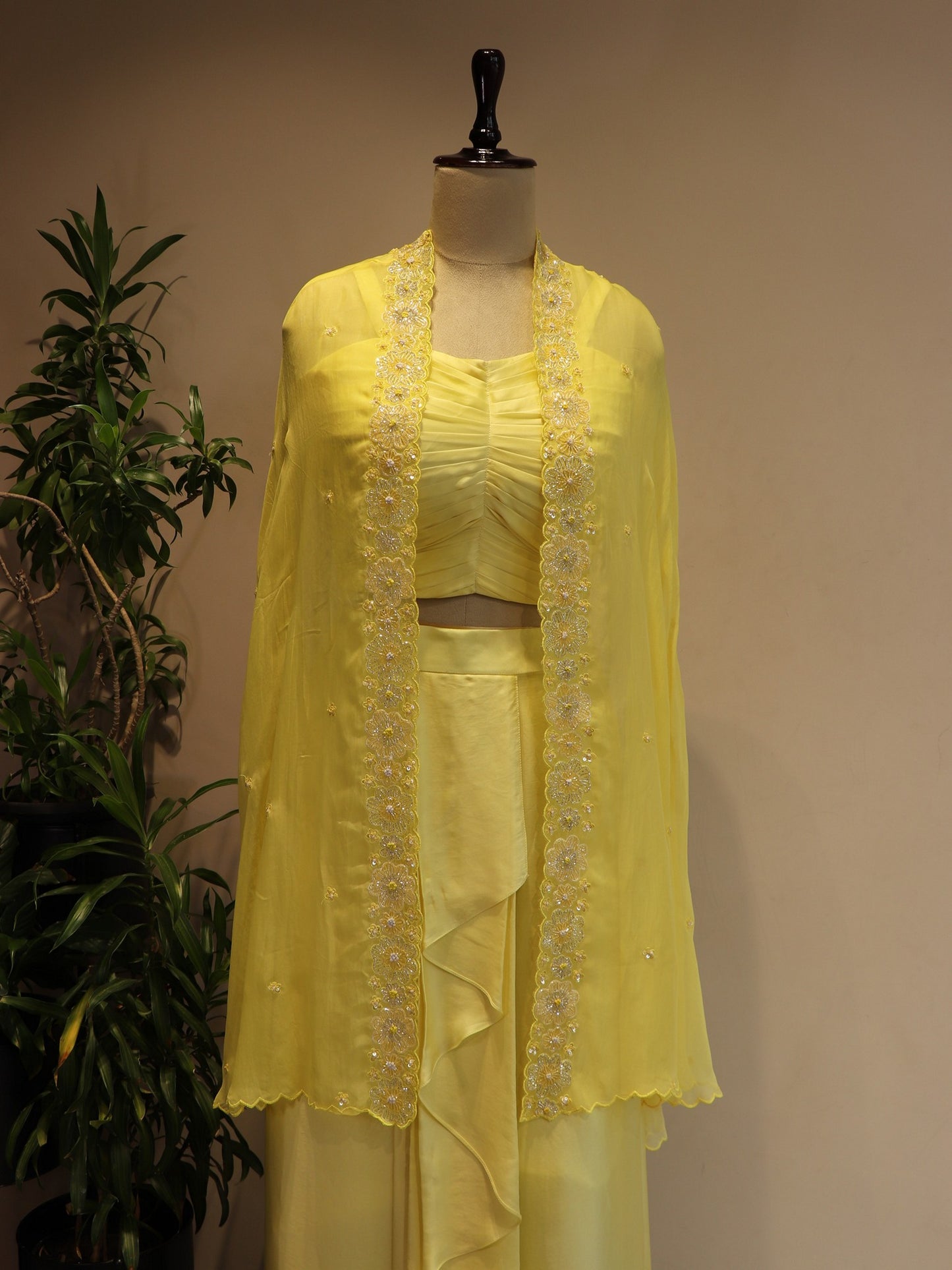 Lemon yellow cape with crop top drape skirt