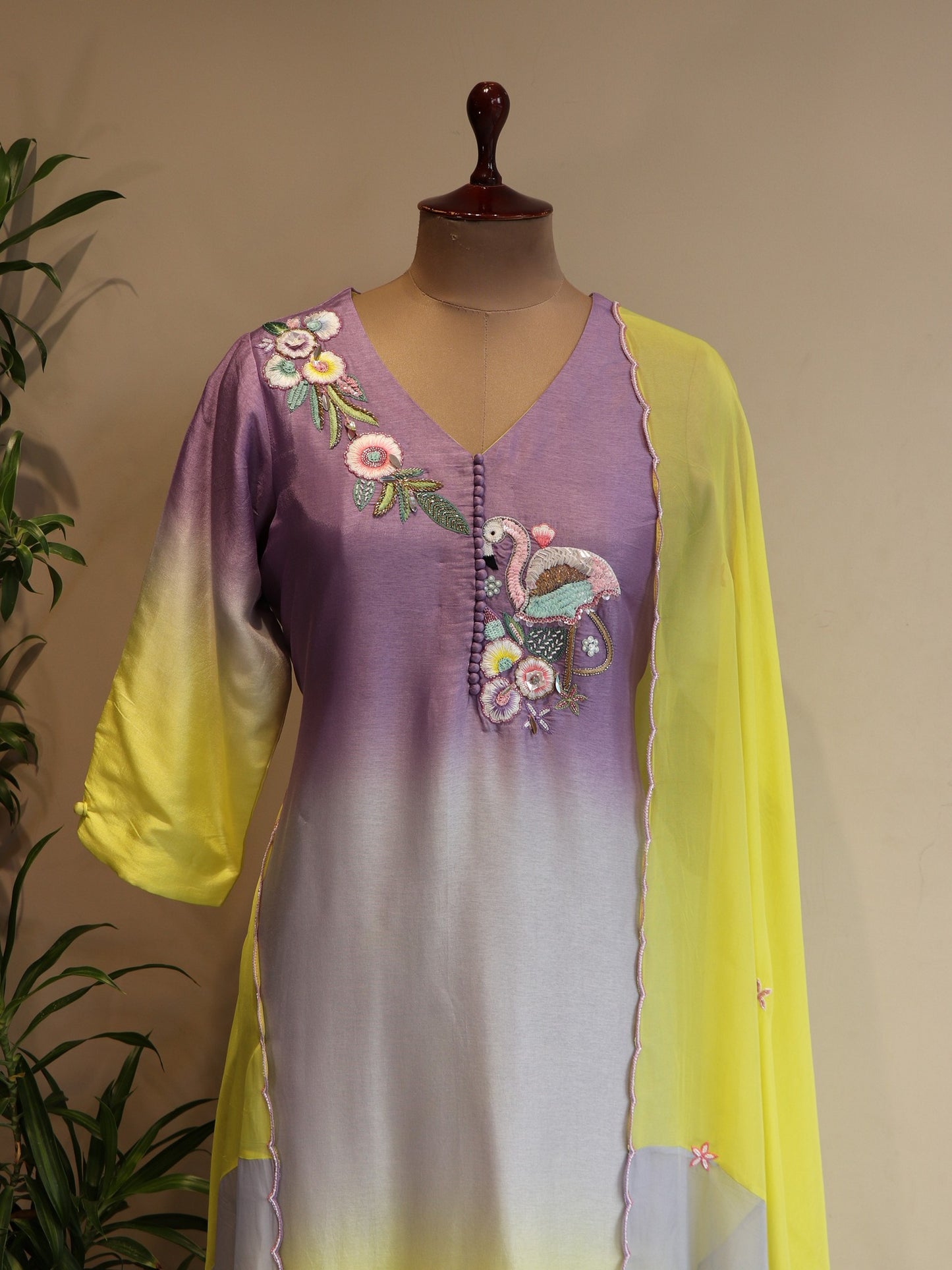 lavender lemon yellow shaded kurta pants dupatta
