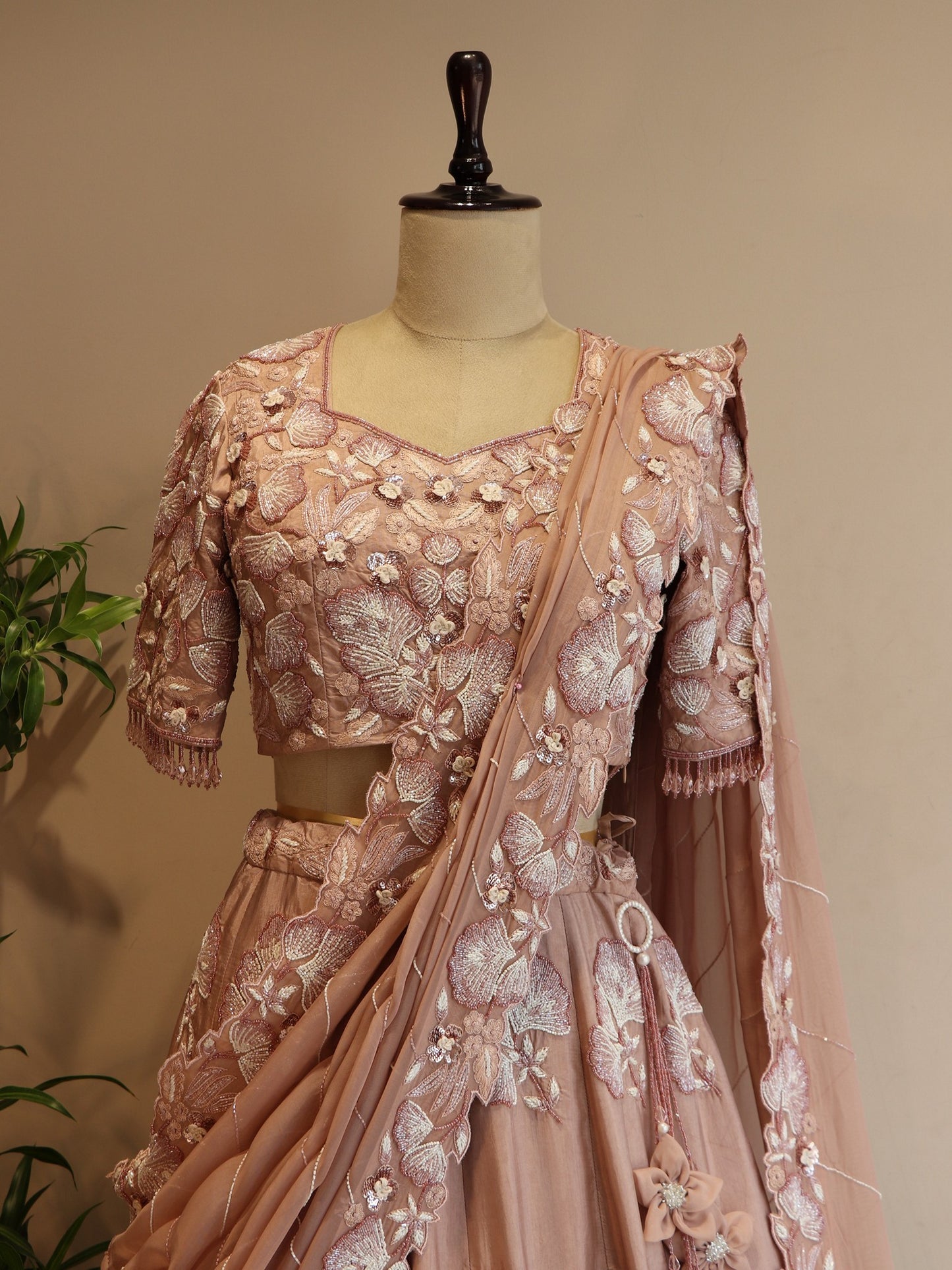 Beige rose gold 3d flowers lehenga