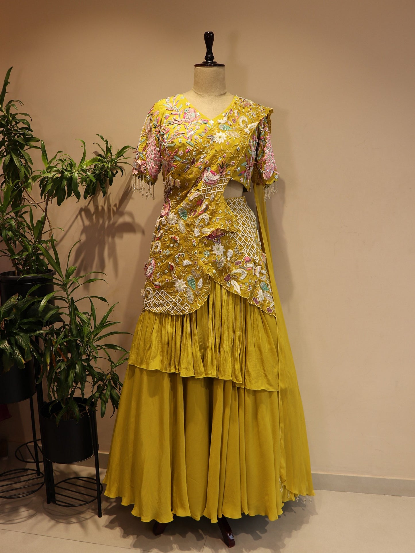 Green shaded radha krishna ji hand painted drape lehenga
