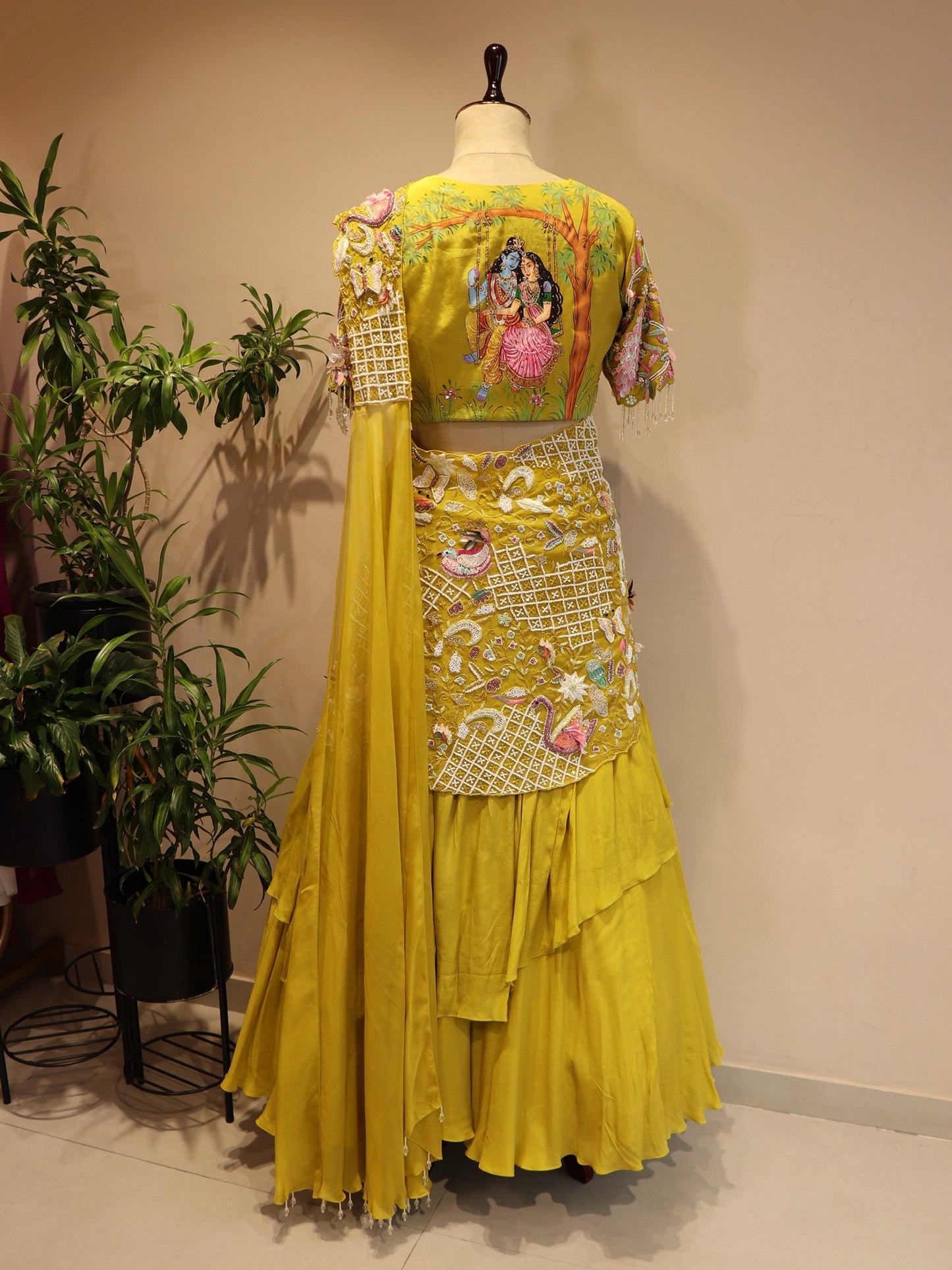 Green shaded radha krishna ji hand painted drape lehenga