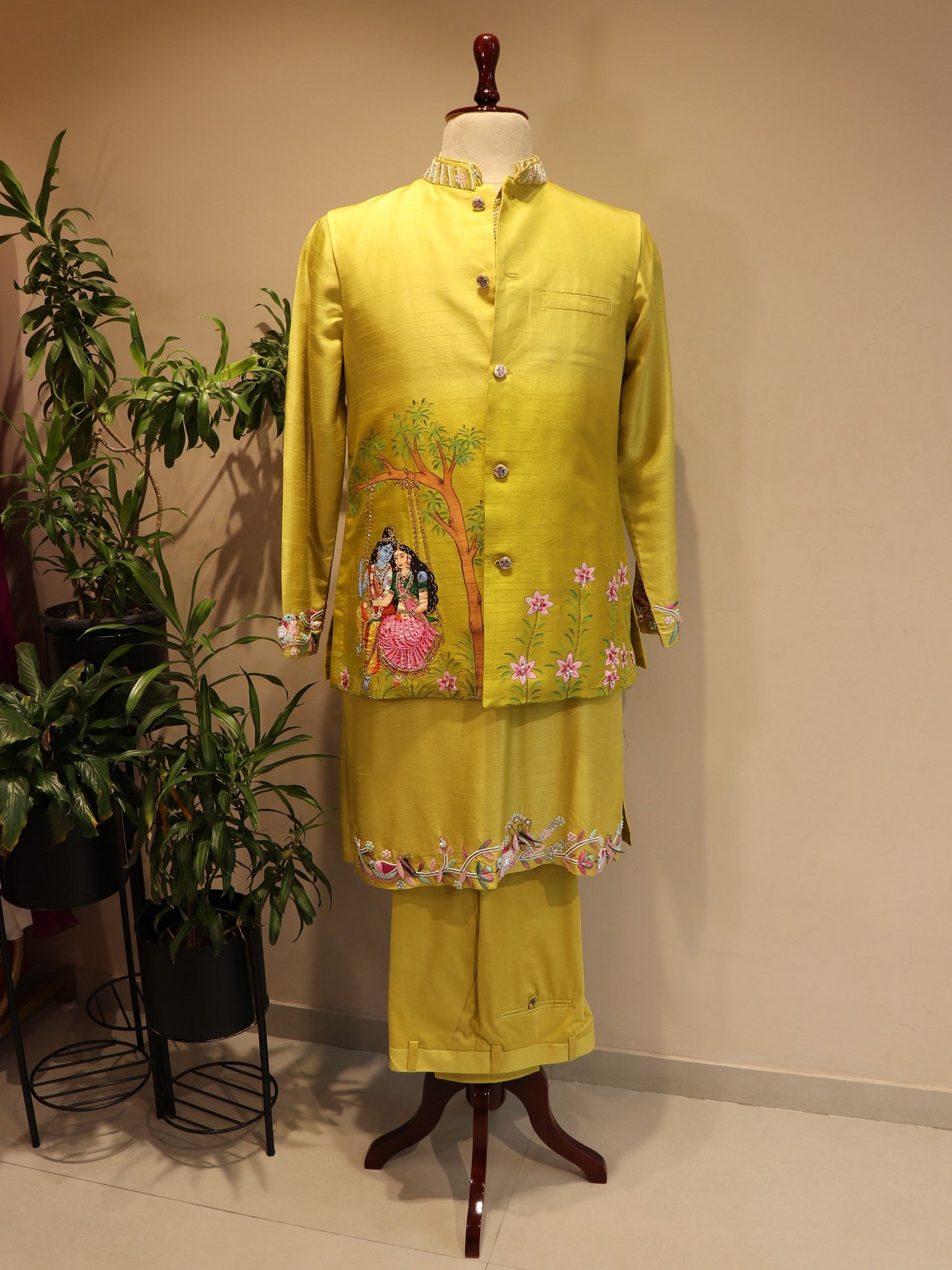 Green shaded radha krishna ji hand painted mens indo western