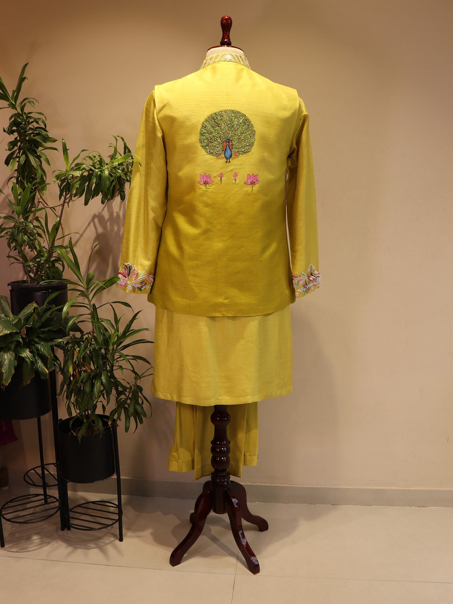 Green shaded radha krishna ji hand painted mens indo western