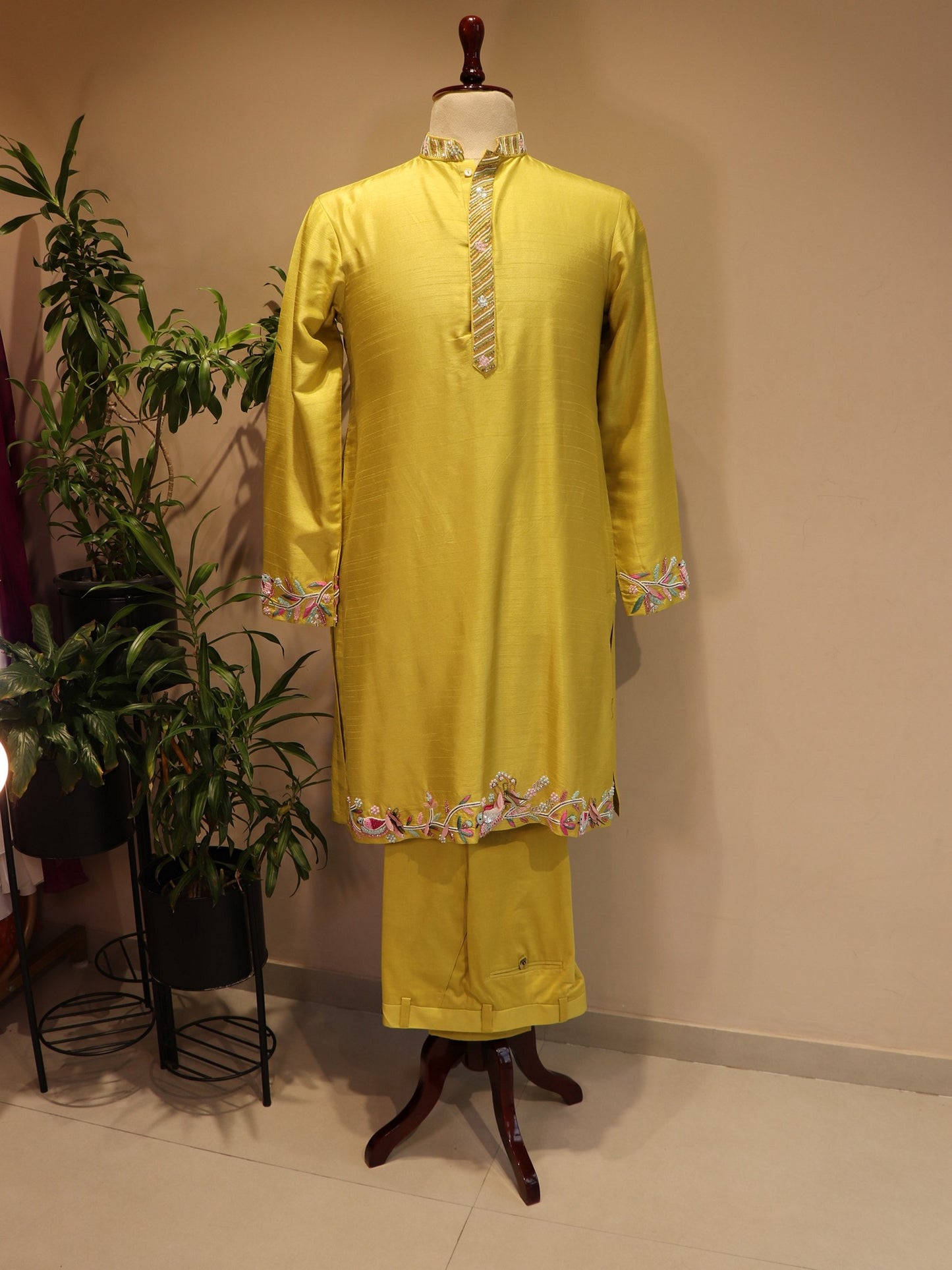 Green shaded radha krishna ji hand painted mens indo western