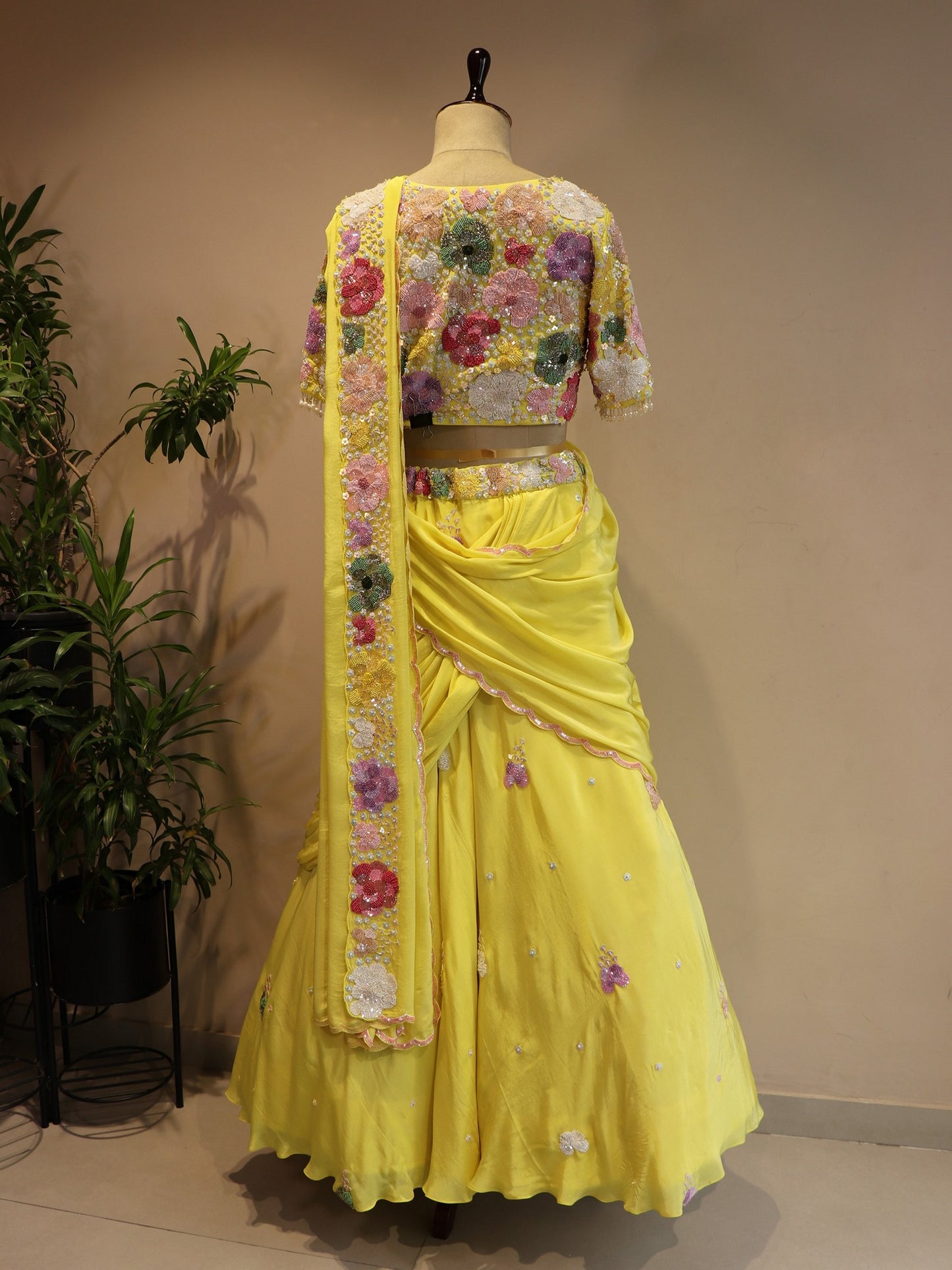 Lemon yellow drape lehenga