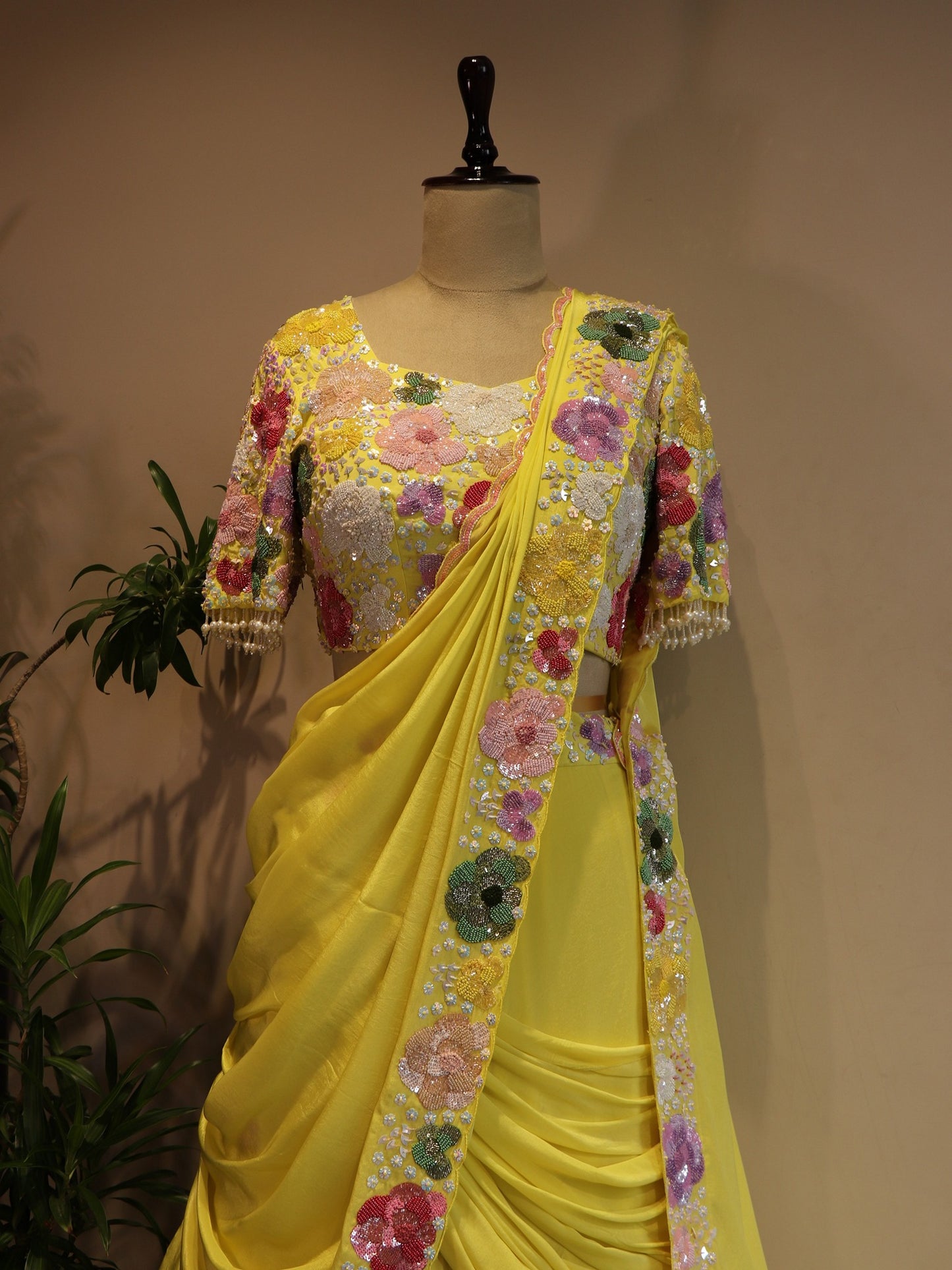 Lemon yellow drape lehenga