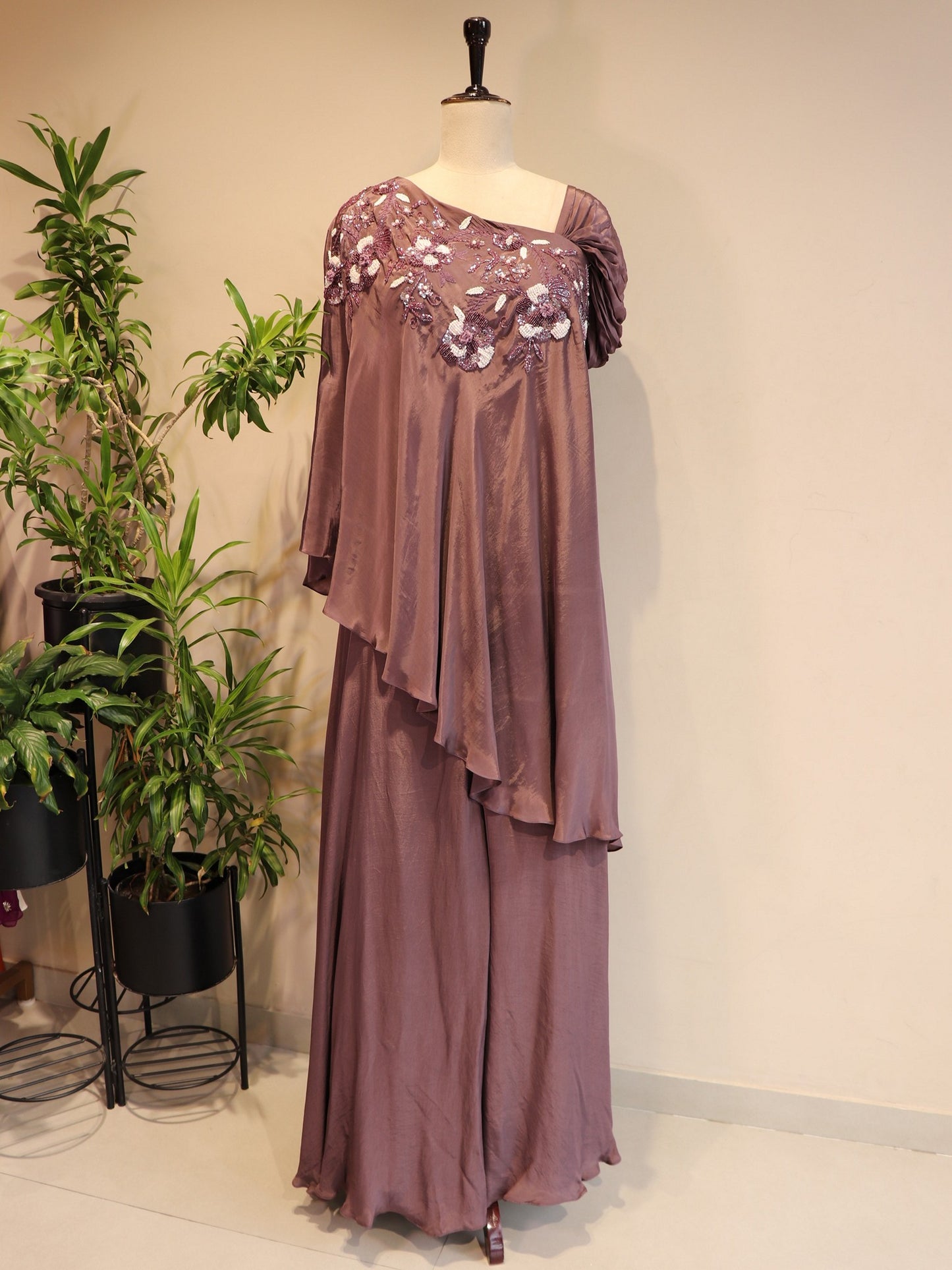 mauve embroidered cape top with palazo
