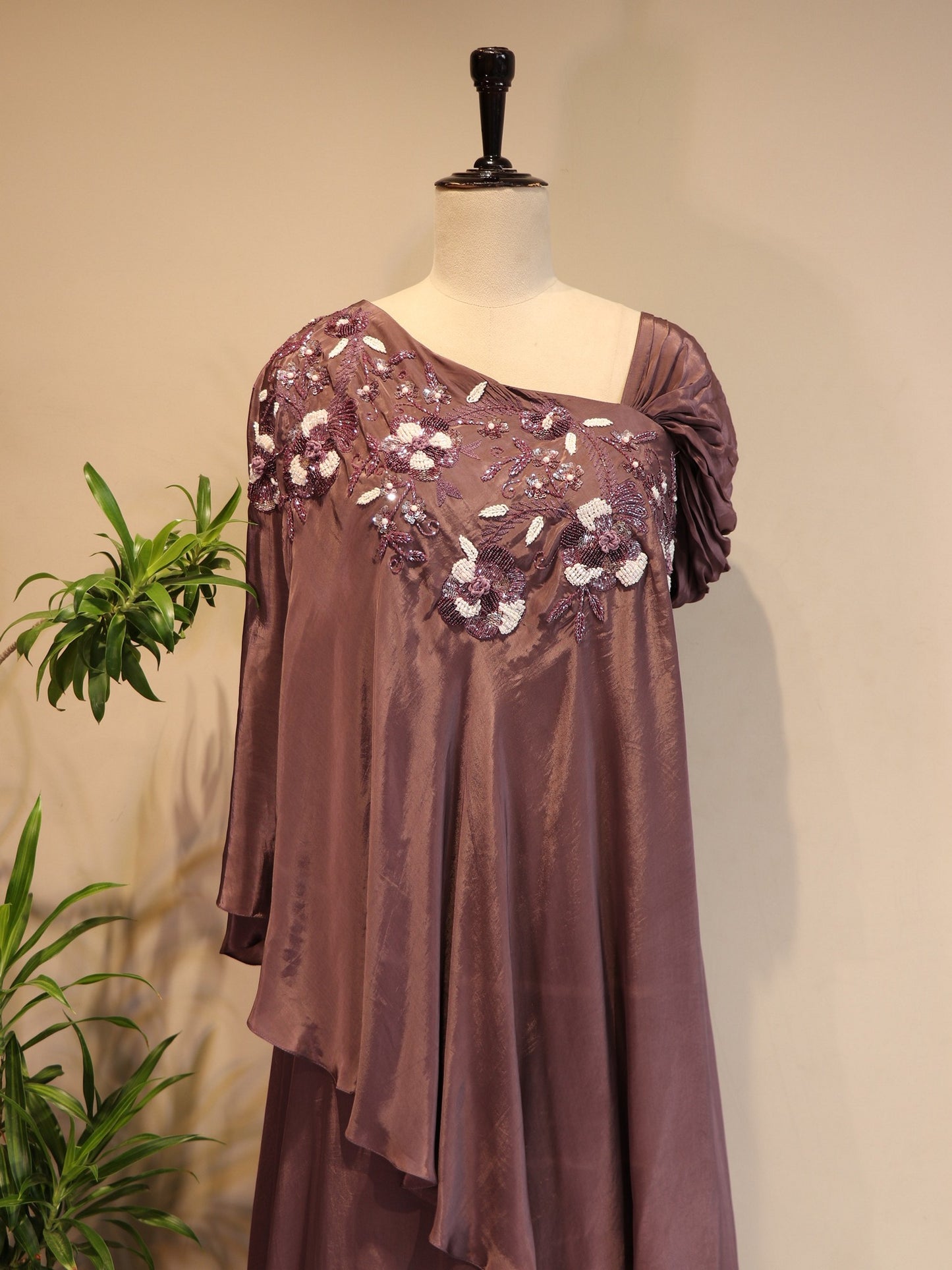 mauve embroidered cape top with palazo