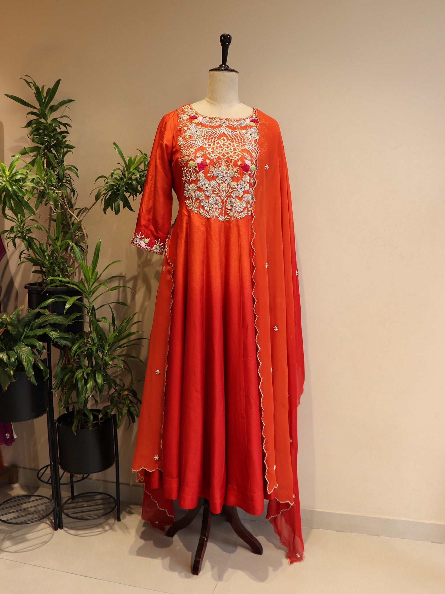 Rust orange red shaded anarkali pants duaptta