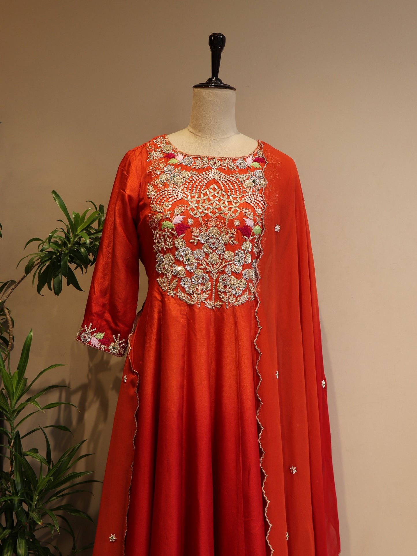 Rust orange red shaded anarkali pants duaptta