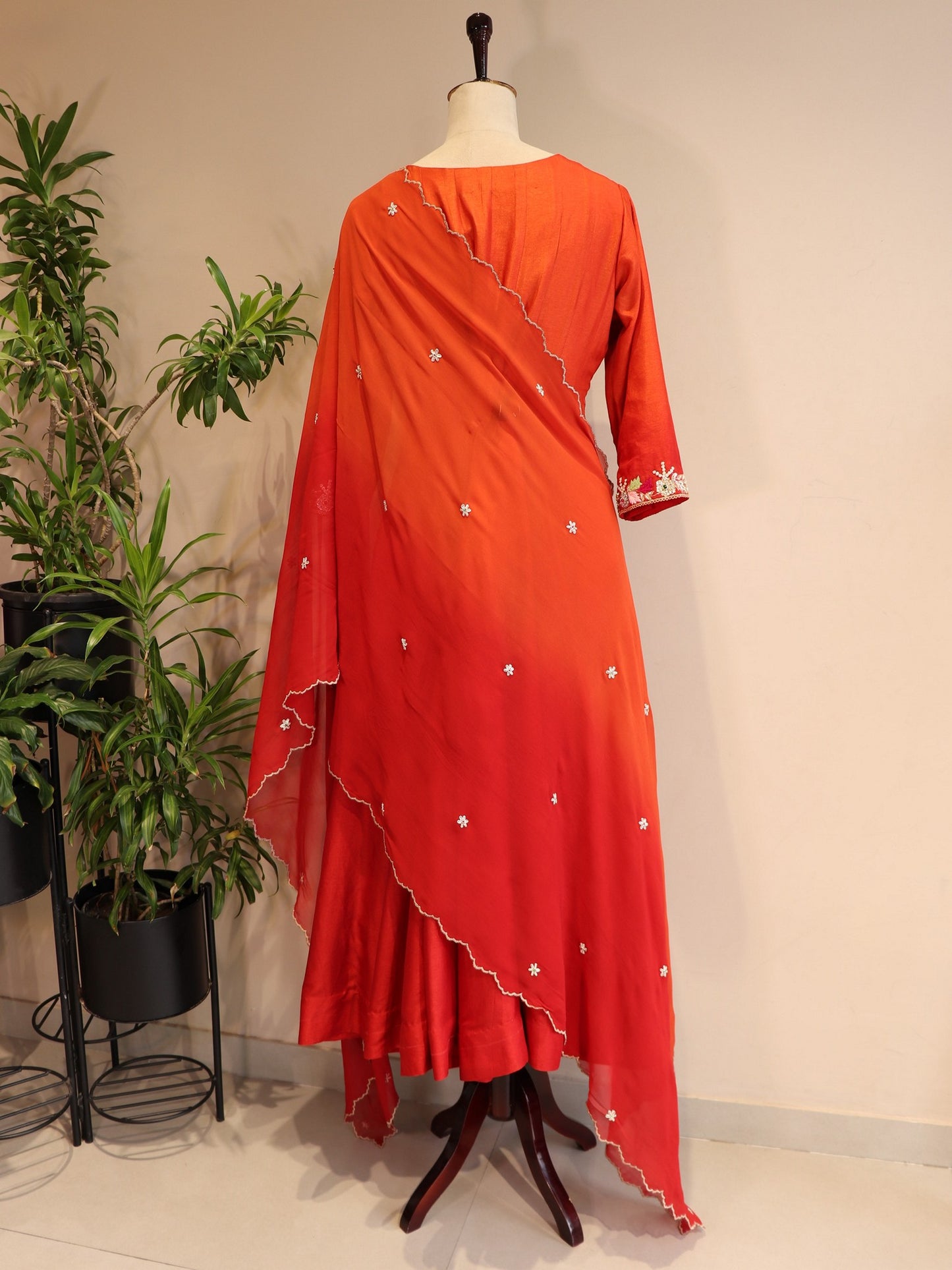 Rust orange red shaded anarkali pants duaptta
