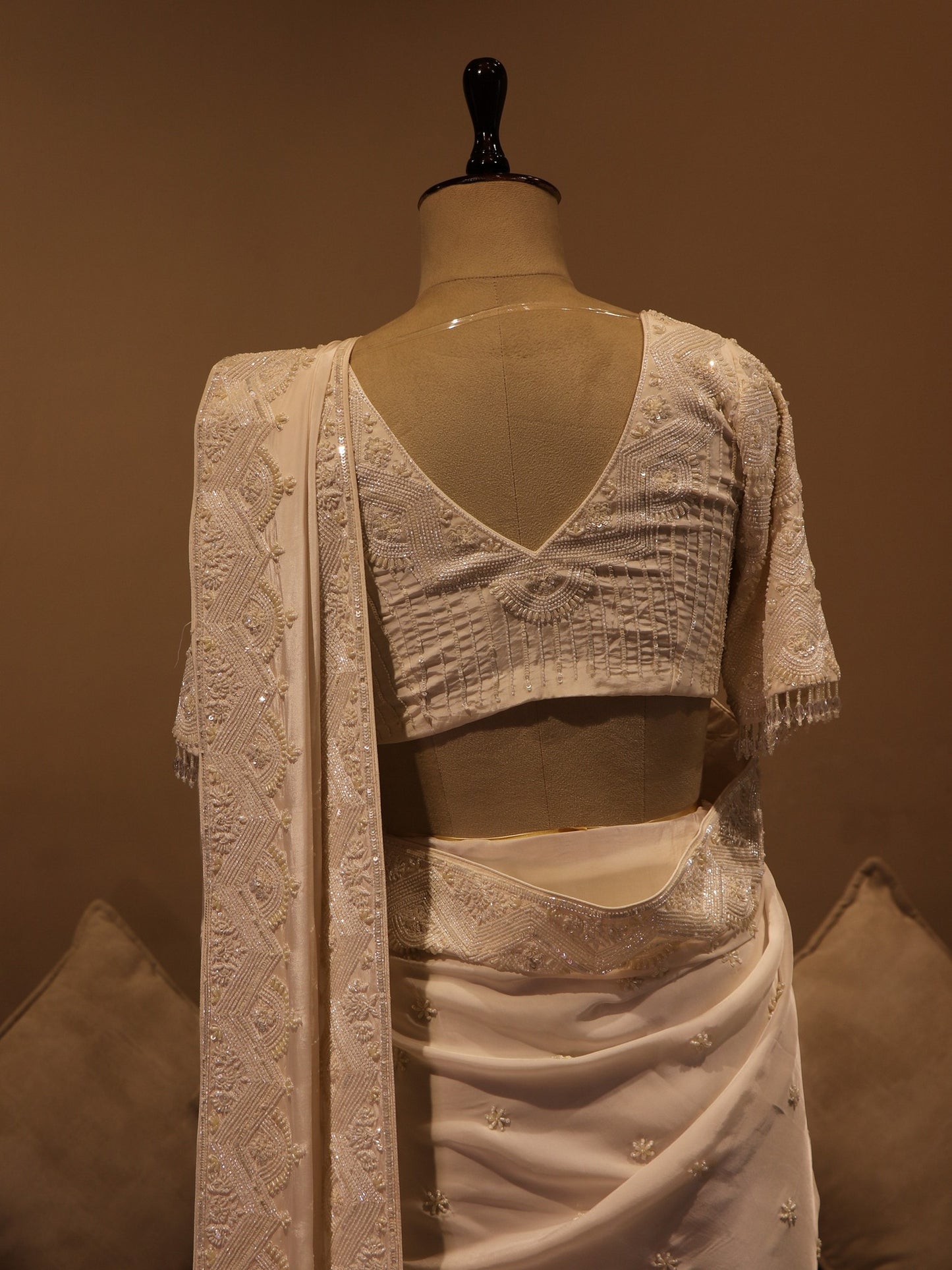 white embroidered pre drape saree