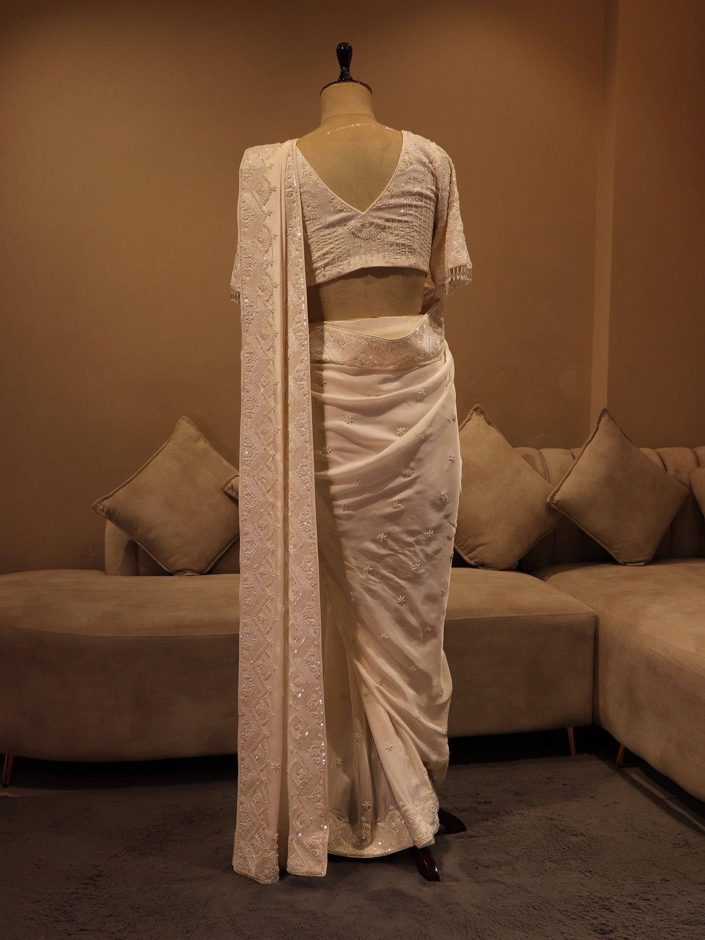 white embroidered pre drape saree