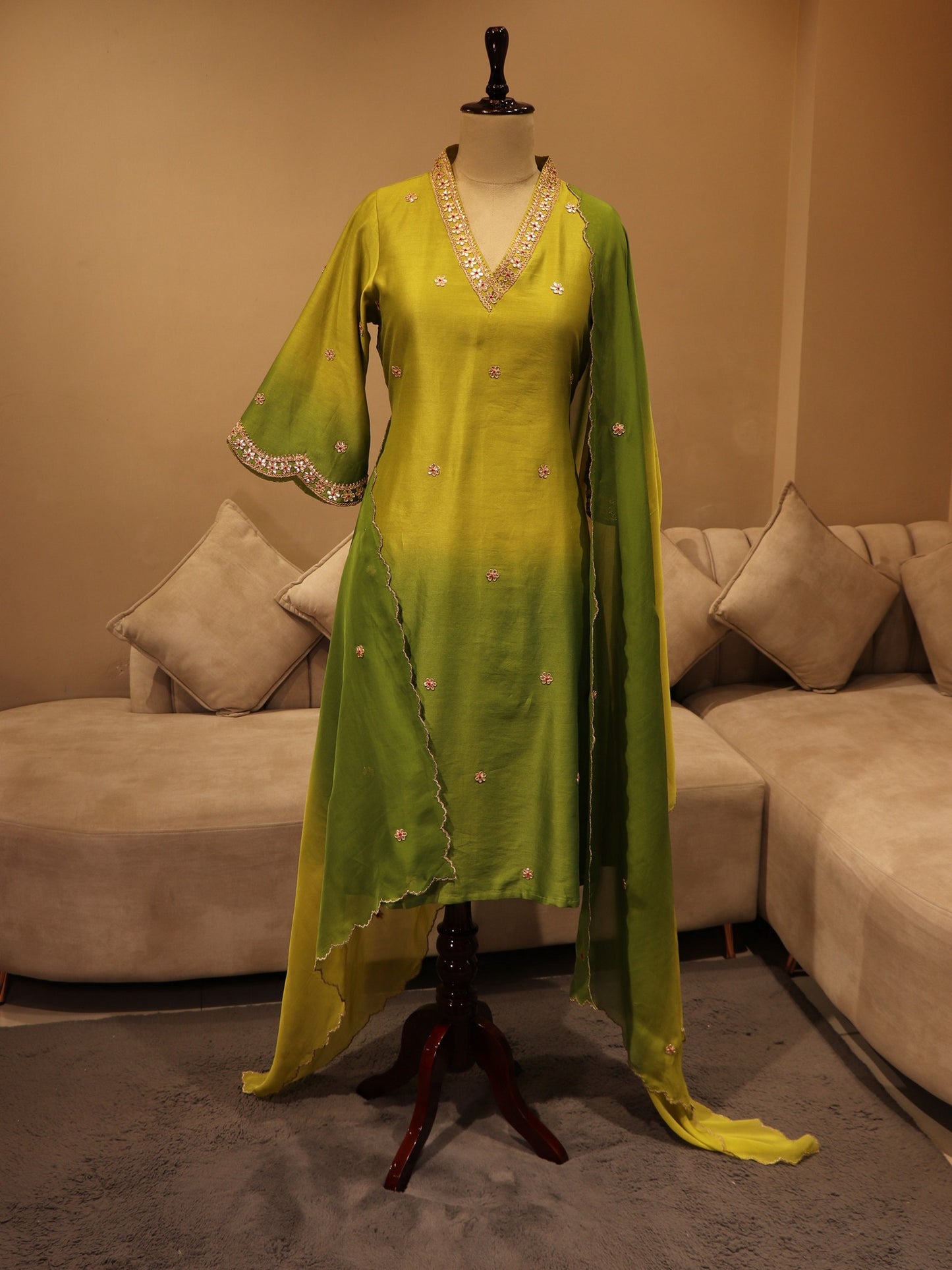 Parrot green shaded kurta pants dupatta