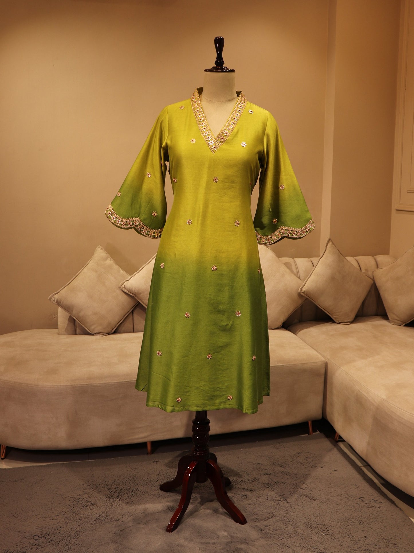 Parrot green shaded kurta pants dupatta