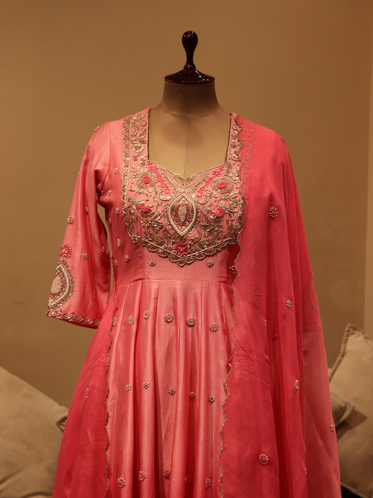 Pink shaded anarkali gown with pants dupatta