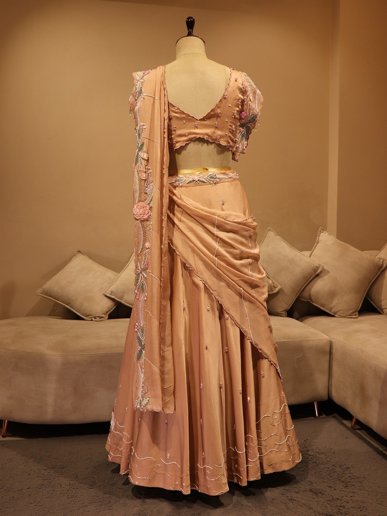 Beige flamingos lehenga set