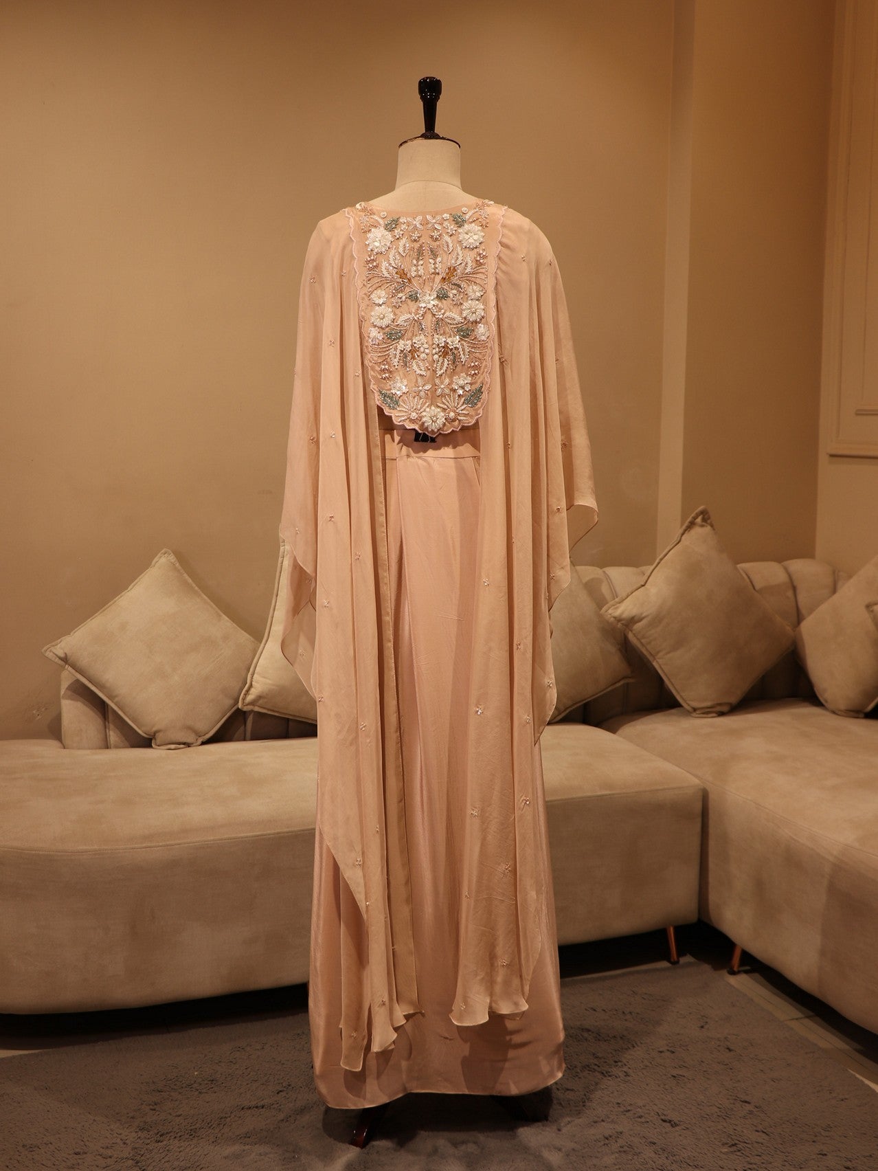 Peach crop top skirt with cape