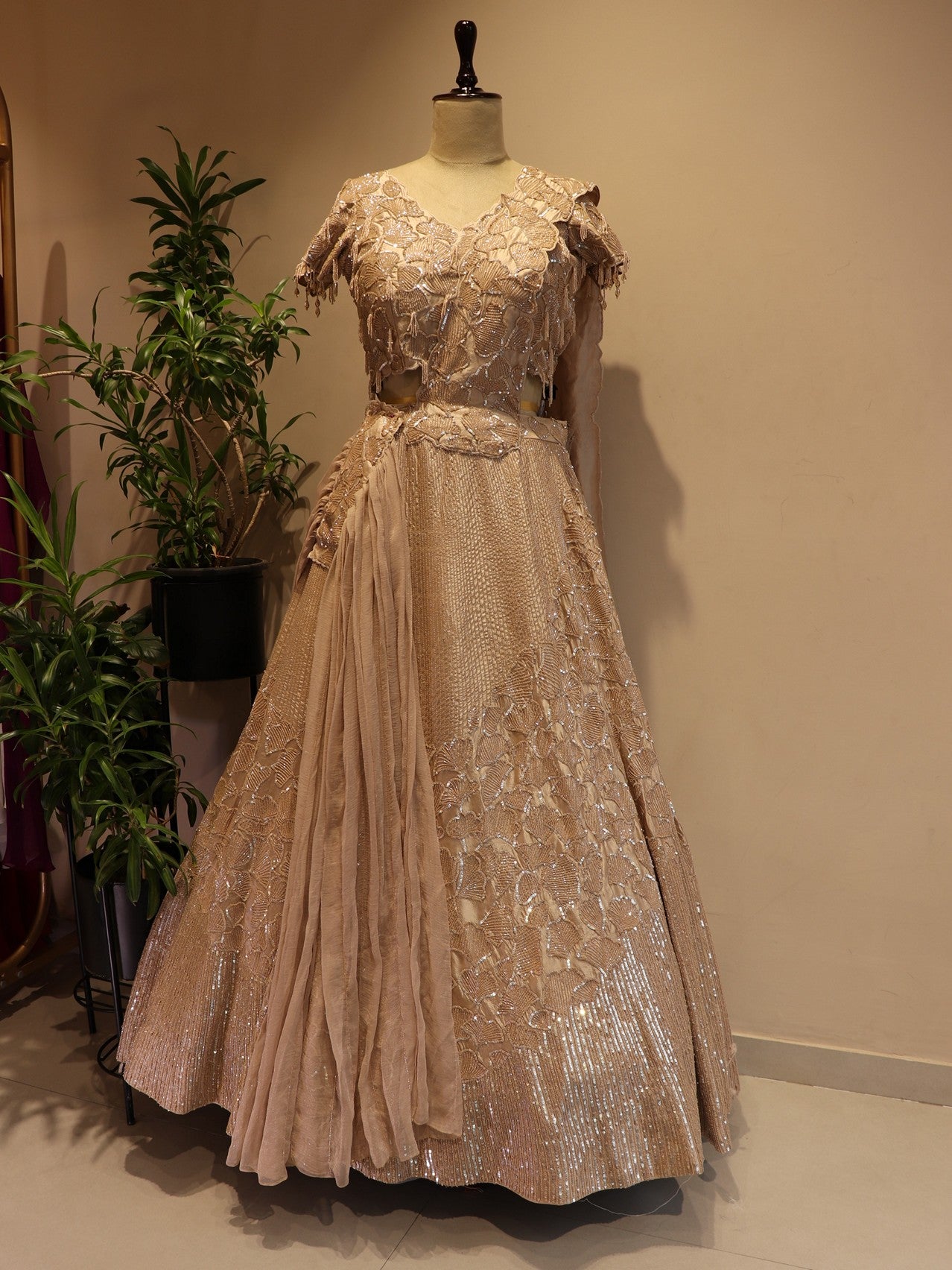 Rose gold beige embroidered lehenga set