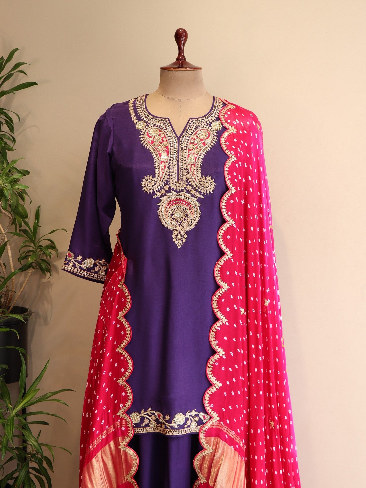 Deep purple zardosi kurta plazo with bandhej dupatta