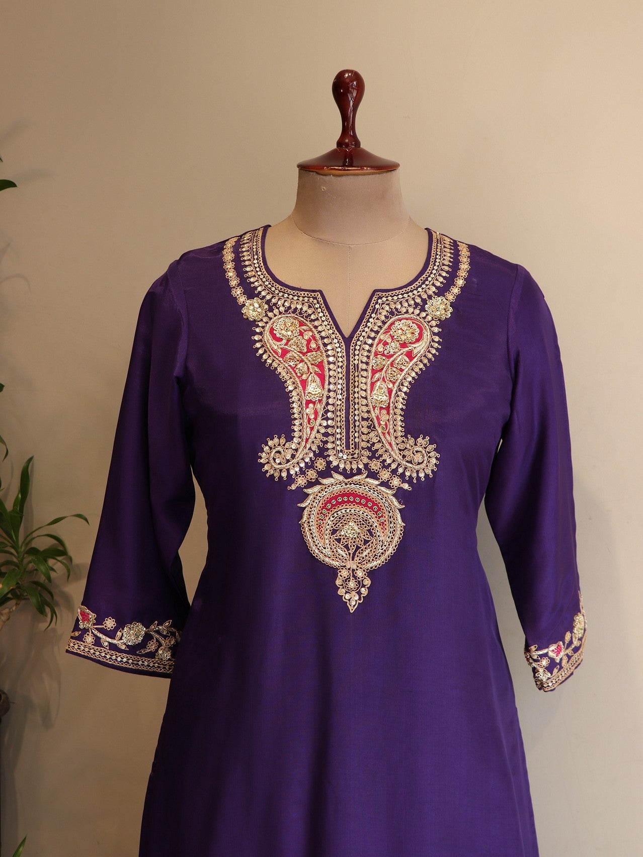 Deep purple zardosi kurta plazo with bandhej dupatta