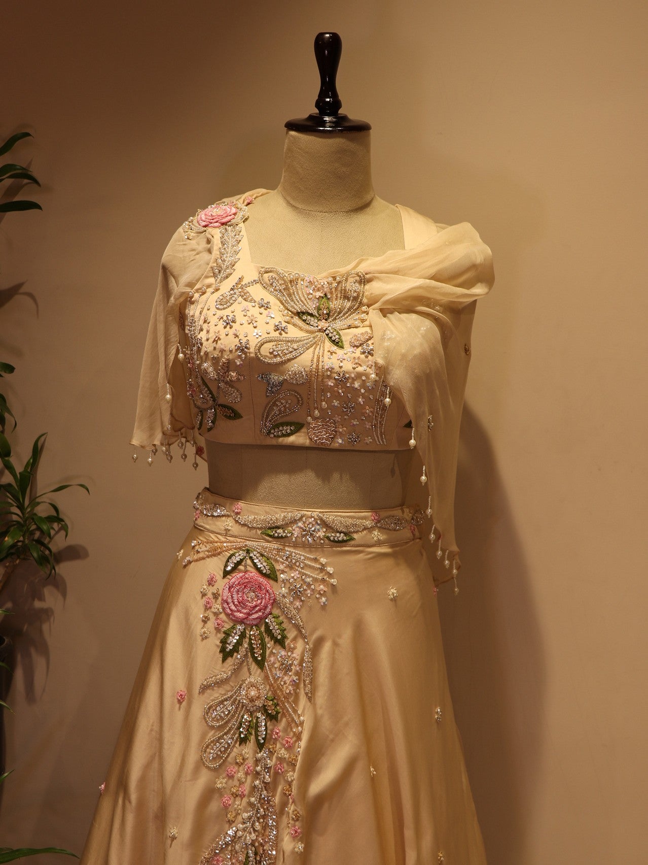 Beige drape crop top with skirt
