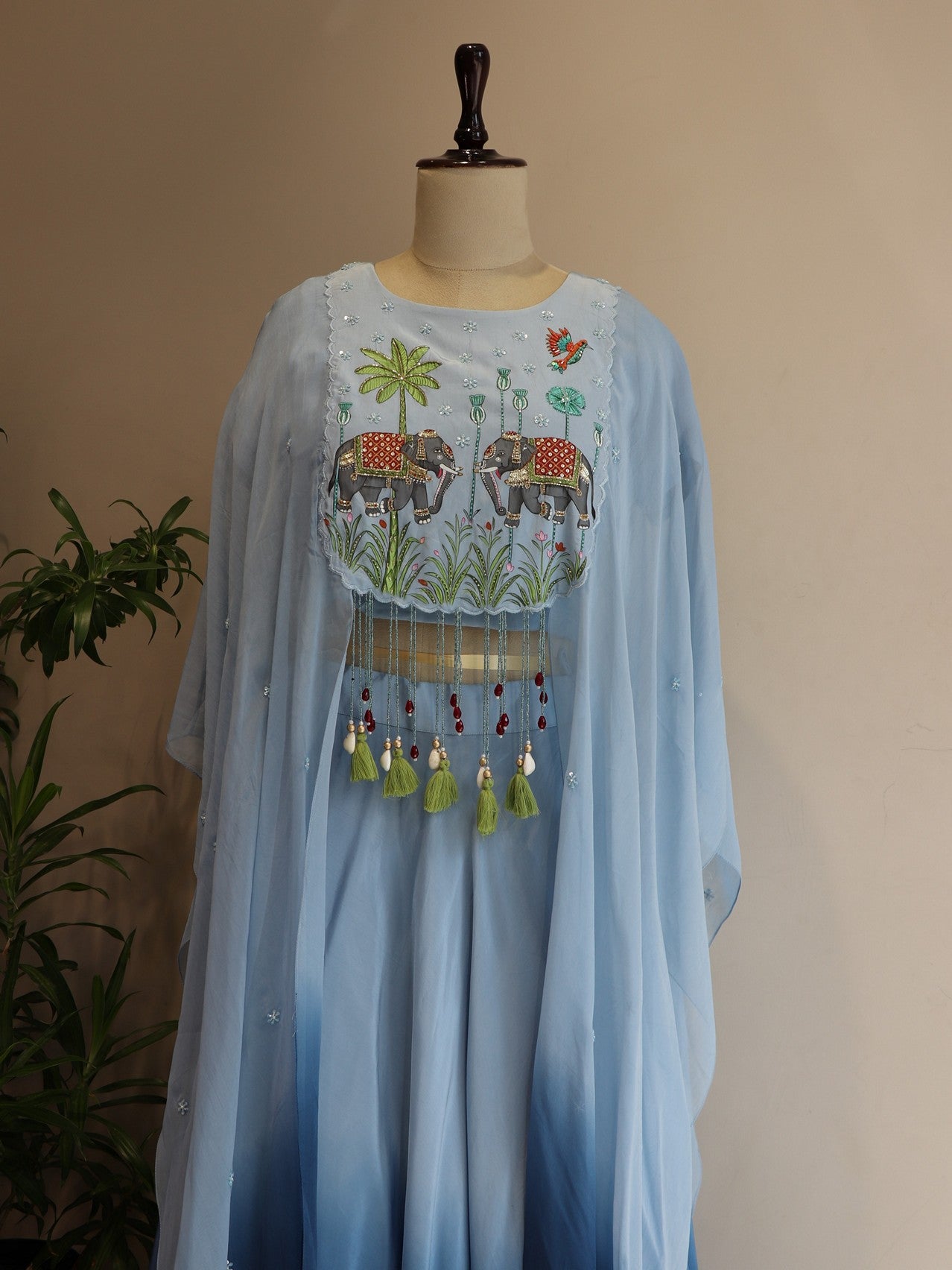 Blue ombre shaded hand painted cape top with skirt