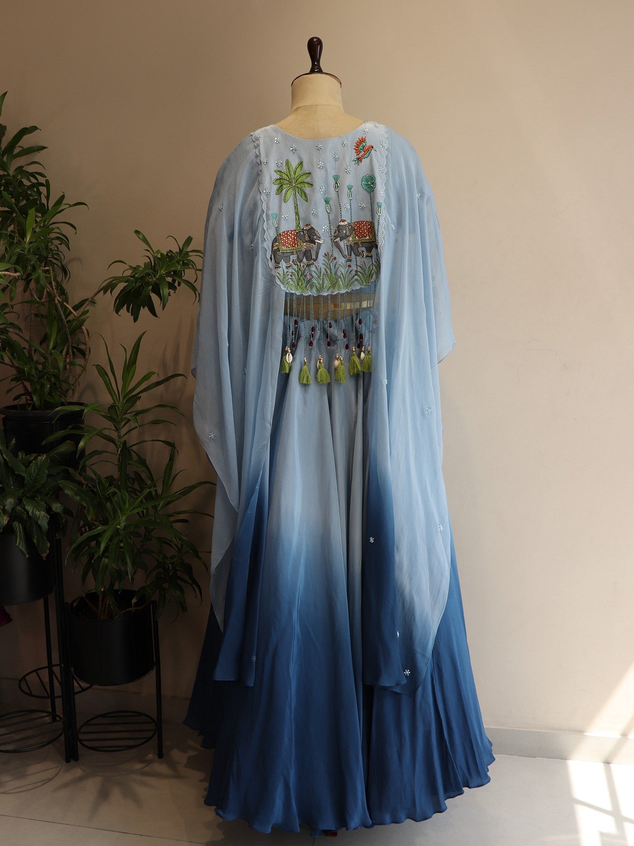 Blue ombre shaded hand painted cape top with skirt