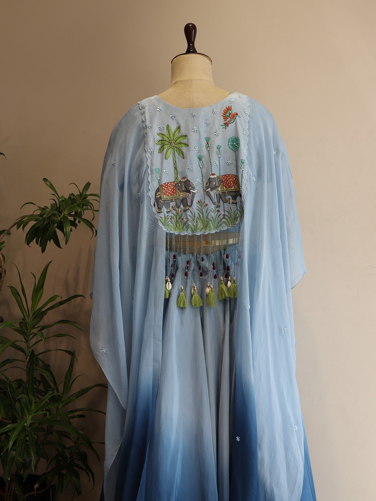 Blue ombre shaded hand painted cape top with skirt