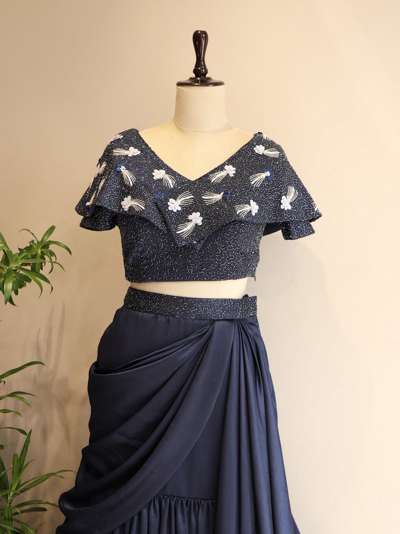 Navy blue crop top drape skirt