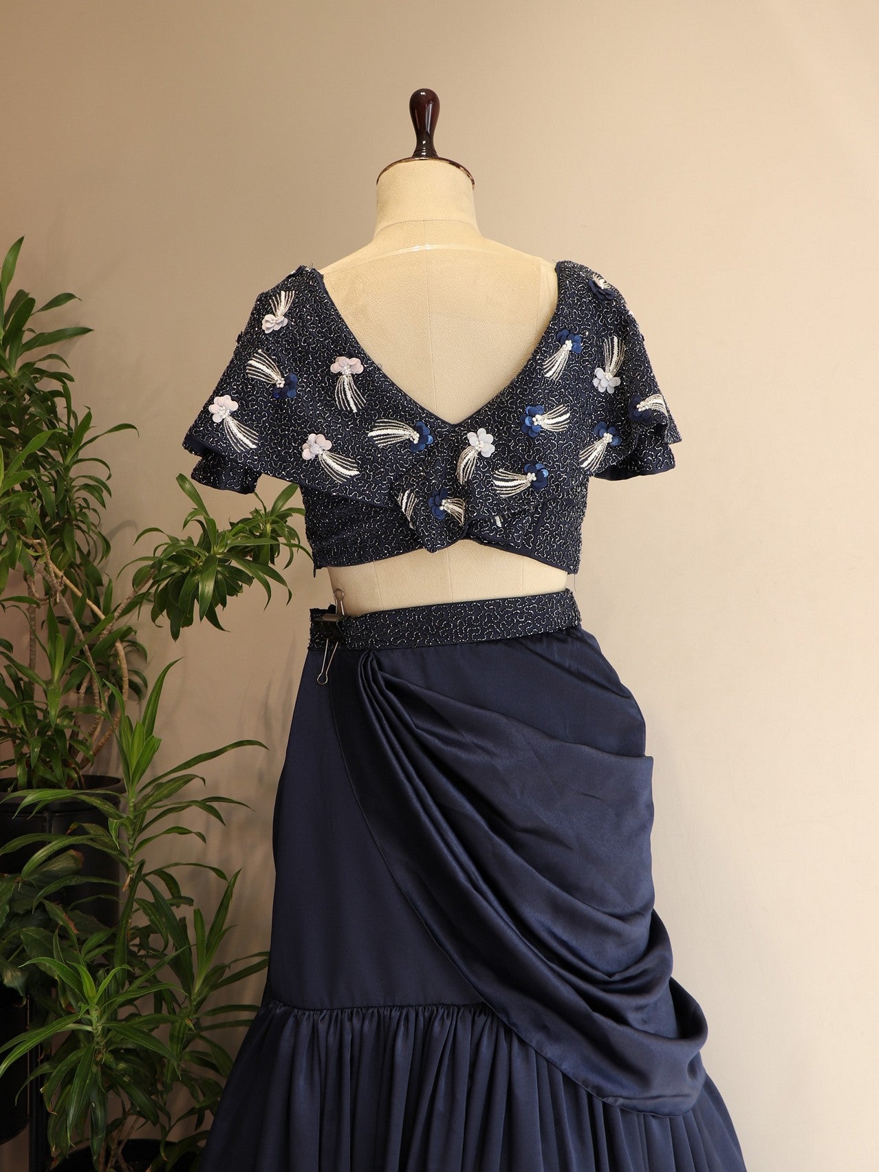 Navy blue crop top drape skirt