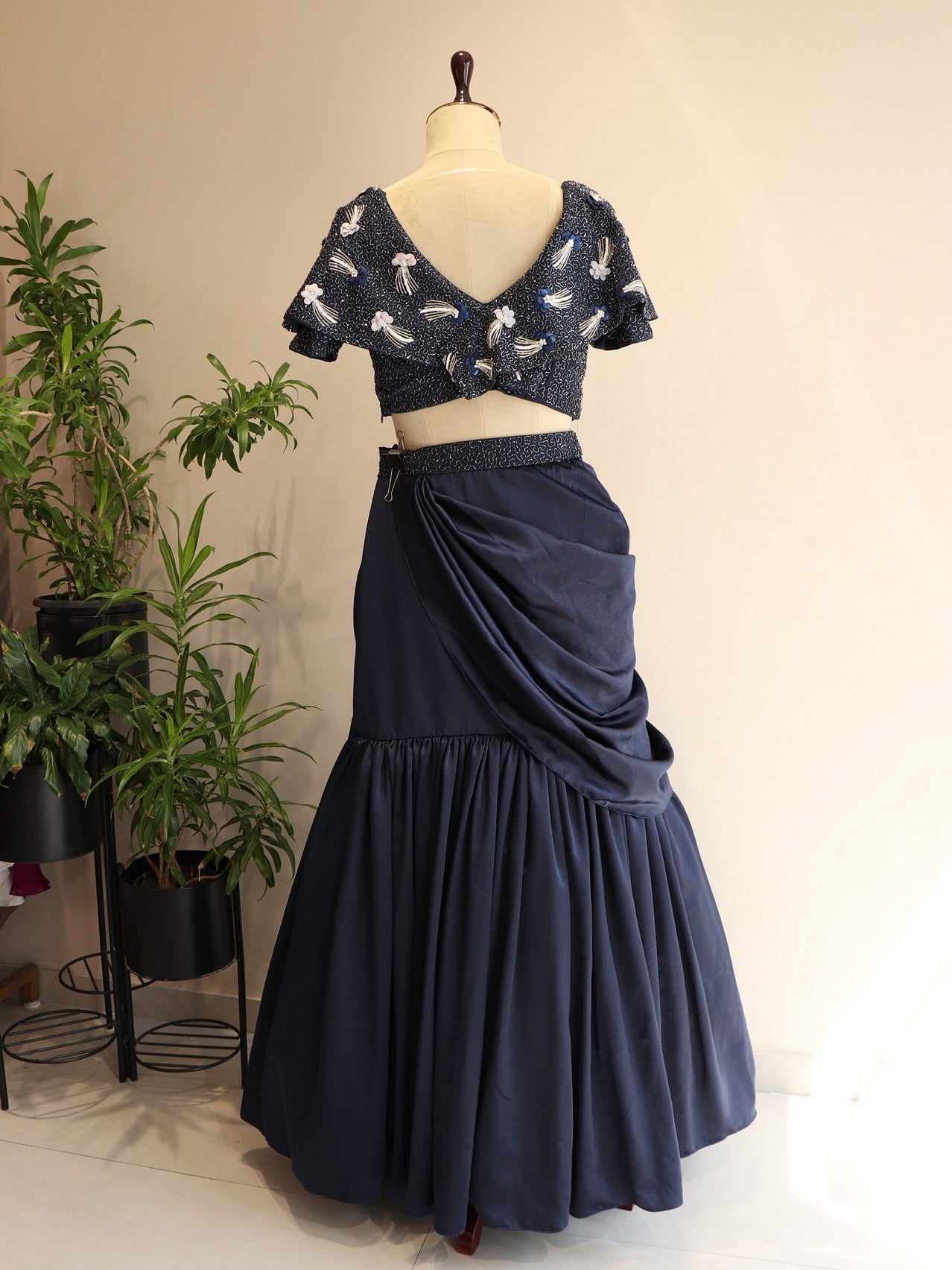 Navy blue crop top drape skirt