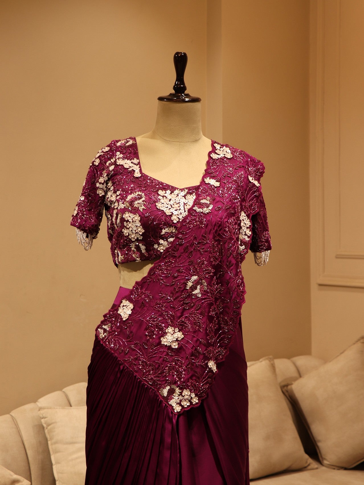 Wine embroidered drape saree