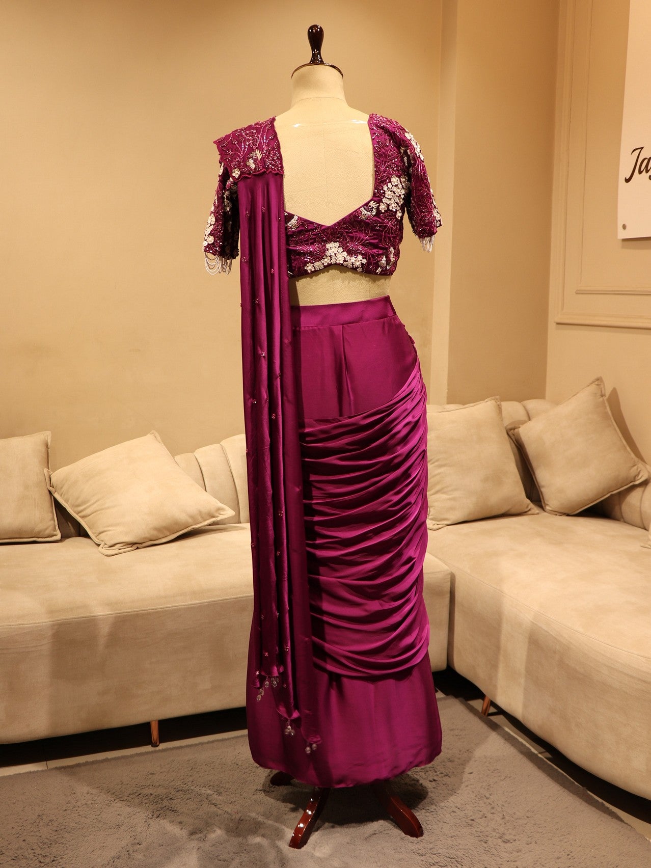 Wine embroidered drape saree