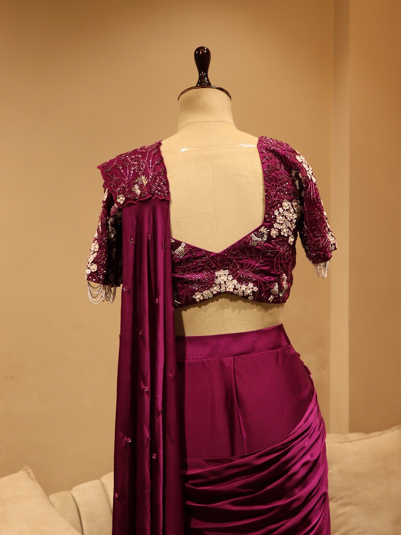 Wine embroidered drape saree