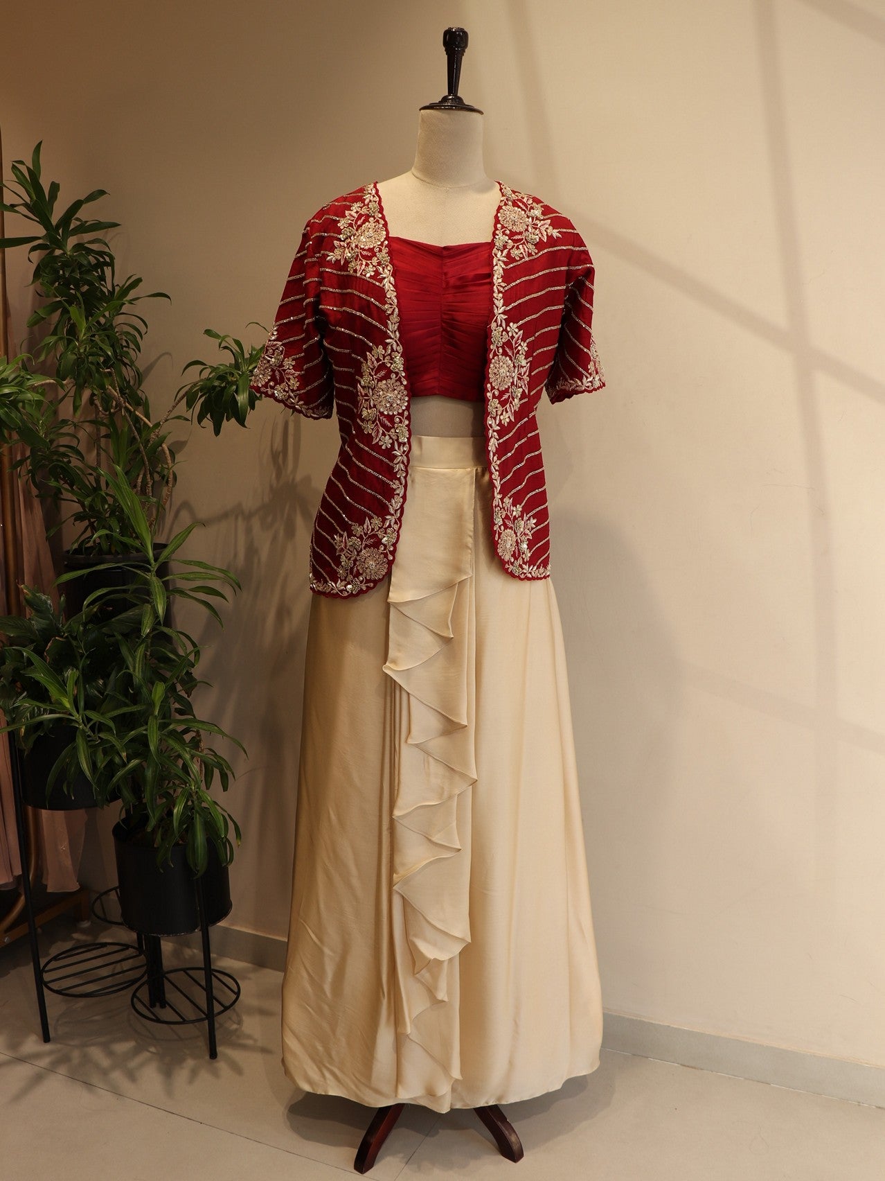 Wine shrug with crop top and drape skirt