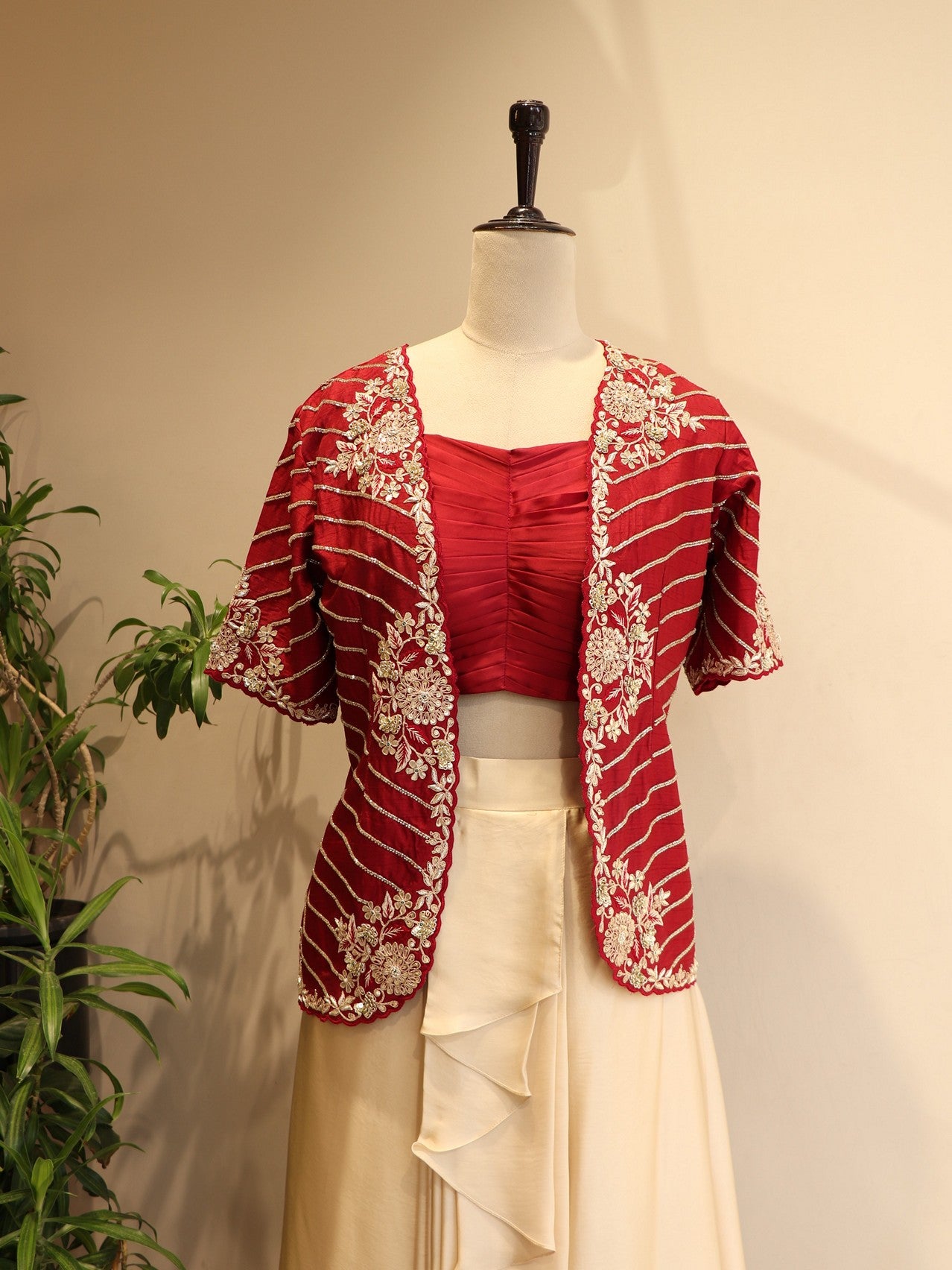 Wine shrug with crop top and drape skirt