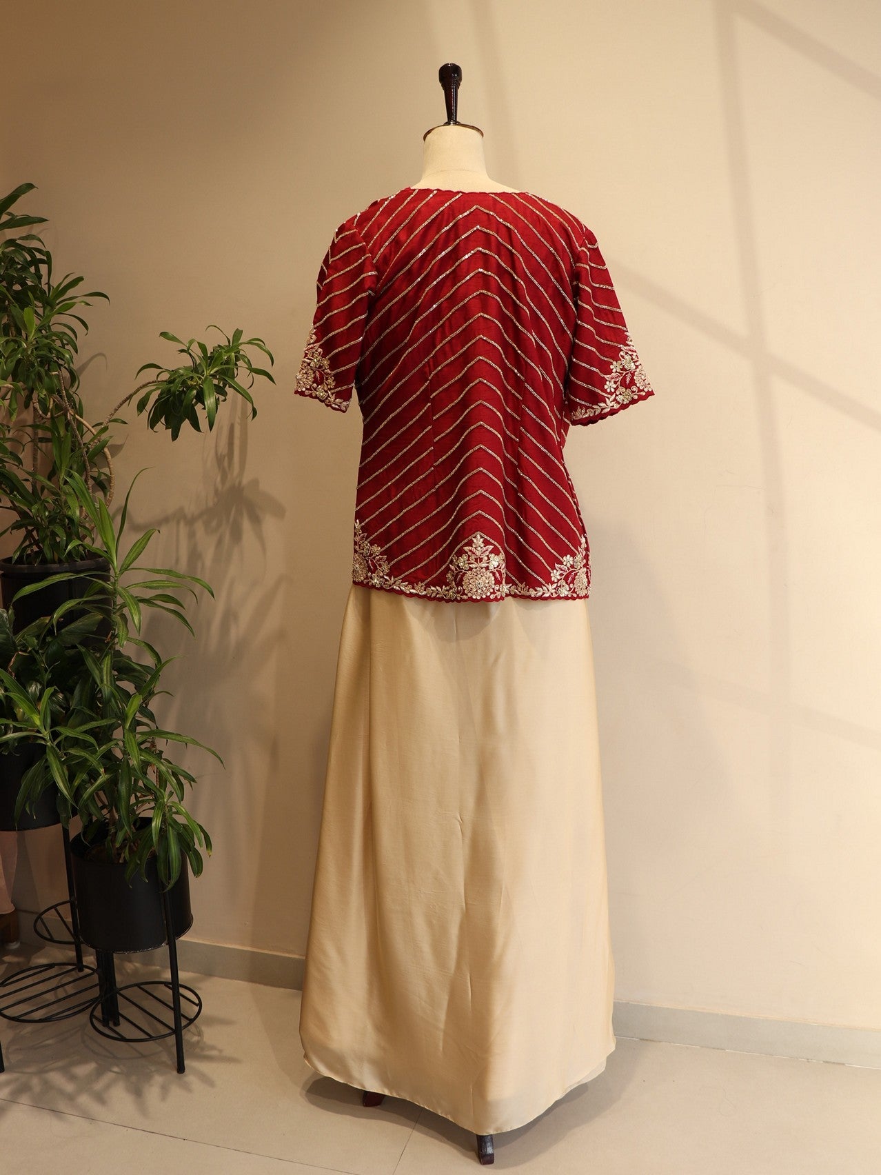 Wine shrug with crop top and drape skirt