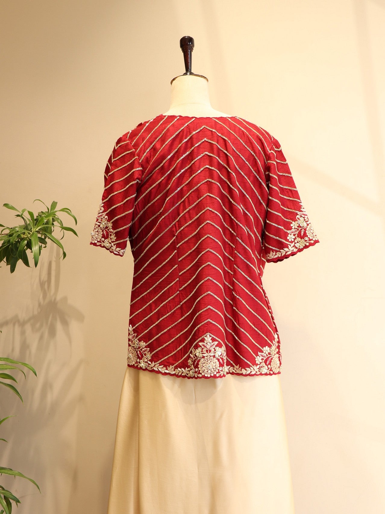 Wine shrug with crop top and drape skirt