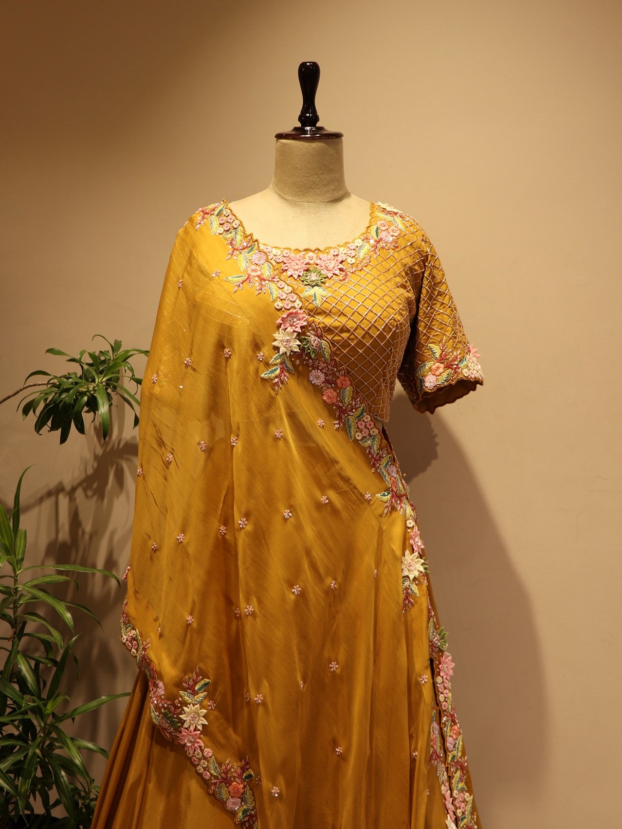 Mustard yellow embroidered lehenga set