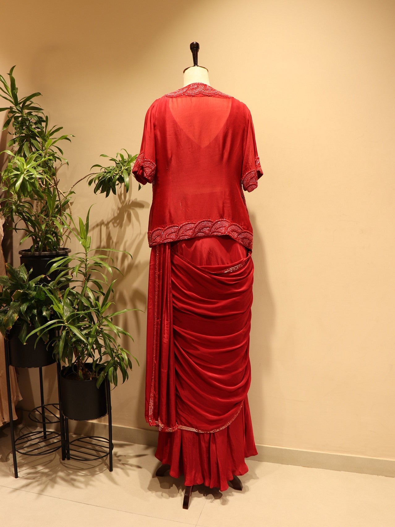Hot red drape saree with shrug